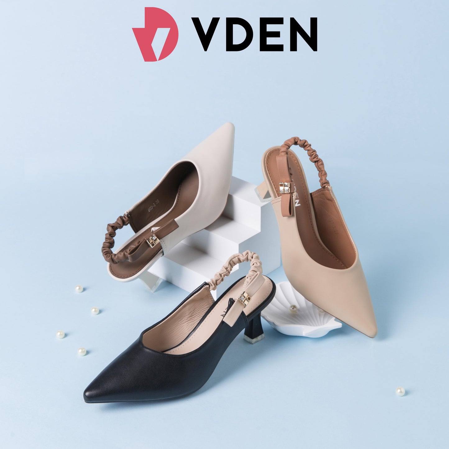 VDEN Pointed Stileto Mid Heel 003-3 Simple Solid Color Pointed Toe Low Heel Slingback Shoes