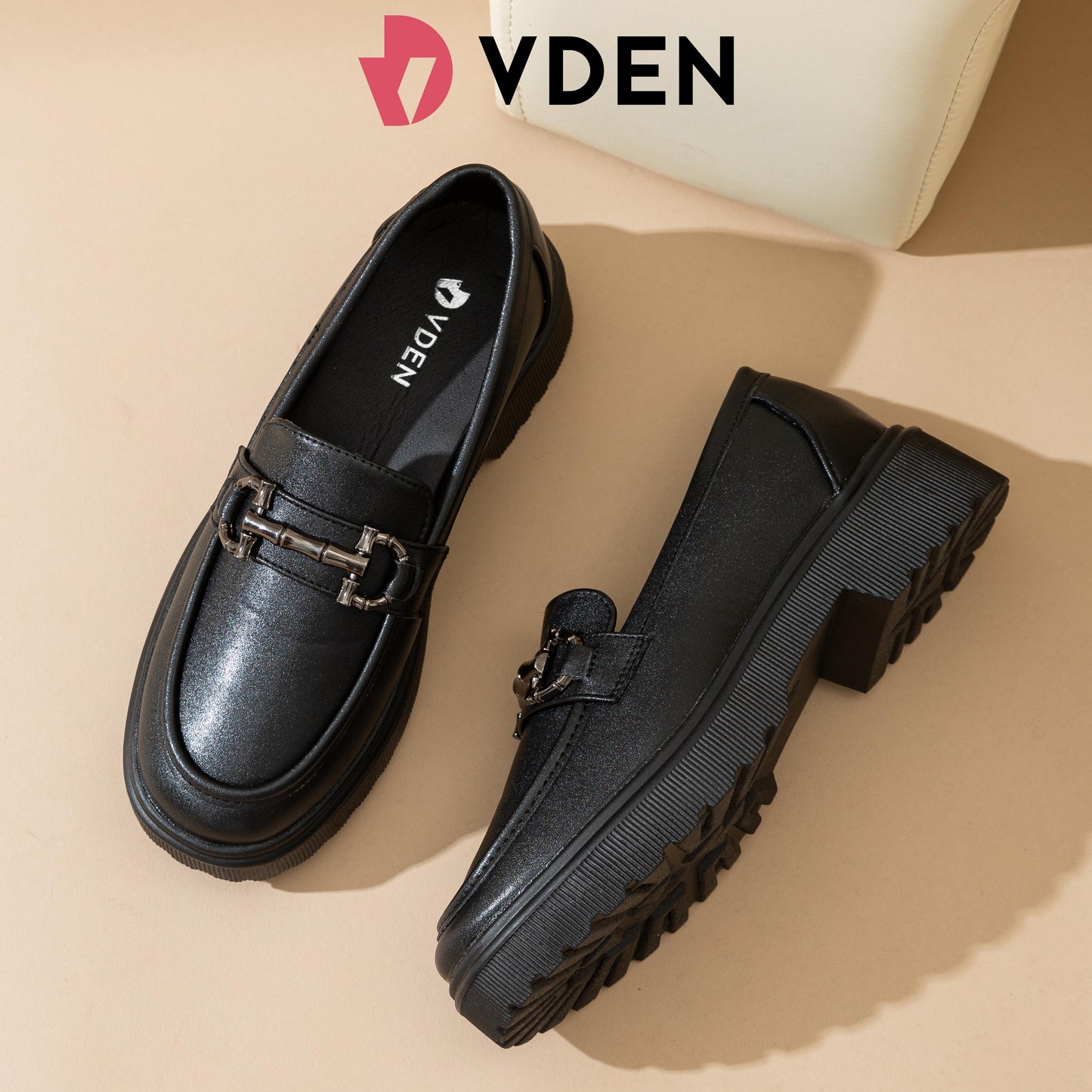 VDEN Women Black Soft-soled Student Leather Shoes Loafers 1.5INCH/4CM 4661-2 Thick Sole Lightweight Slip-on Loafers Comfort