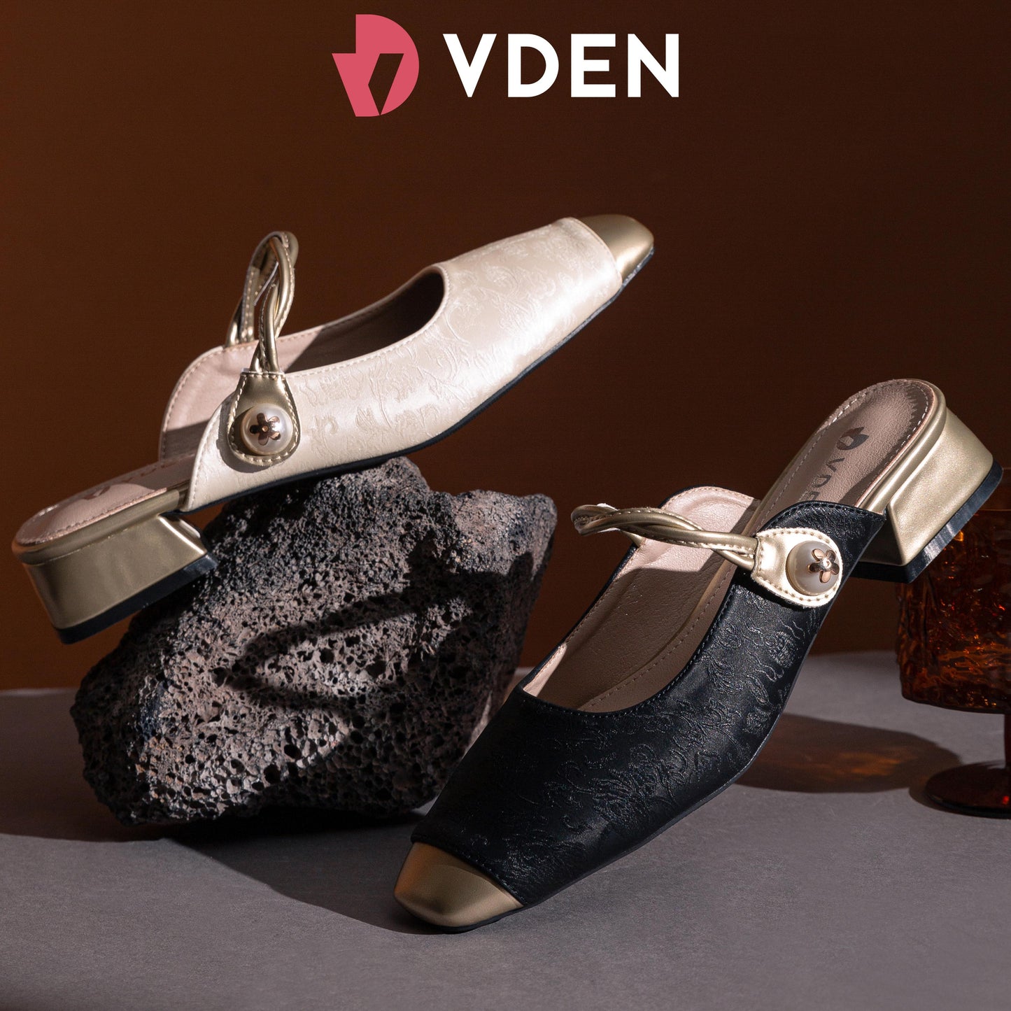 VDEN Block Heel Square Toe Mule Shoes for Women 3CM/1.1INCH Color Block Special Fabric Sandals K792-1 Ladies Slip-on Shoes