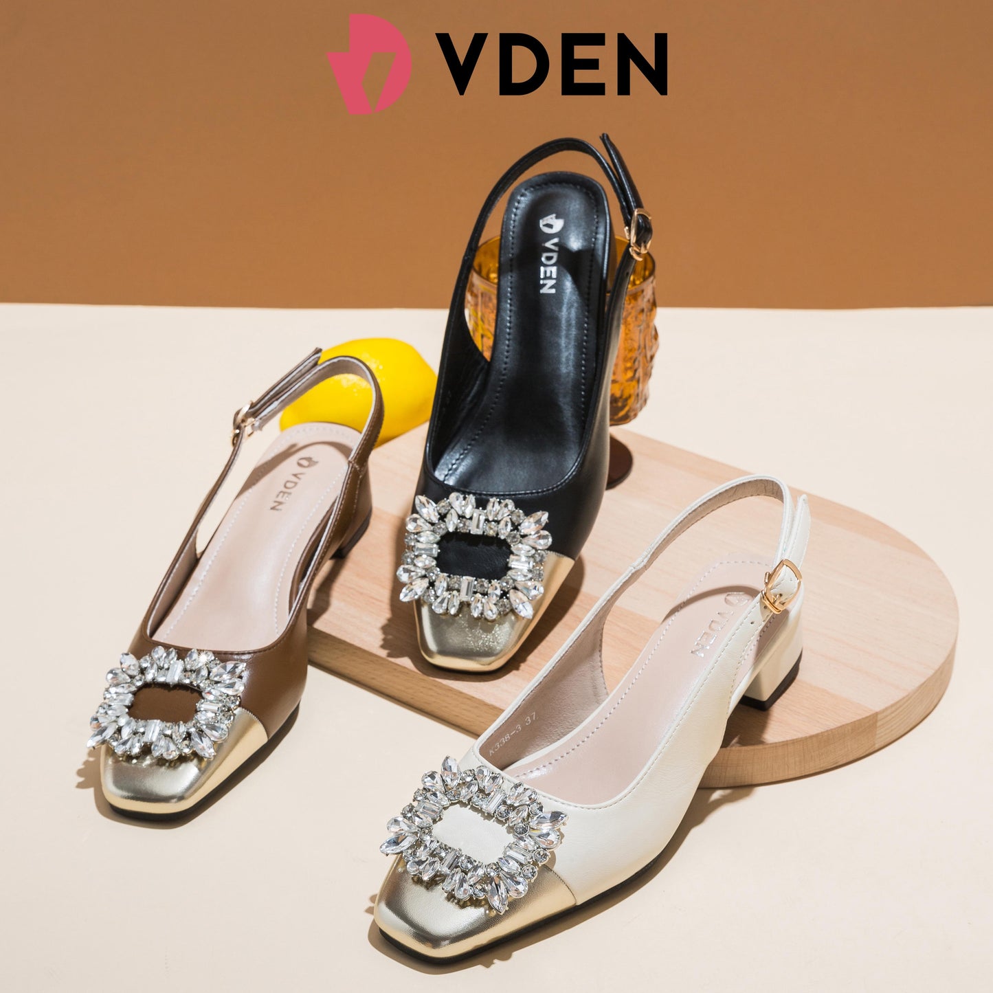 VDNE Rhinestone Square Toe Thick Heel For Women (NEED ADD 1 SIZE) 3CM/1.1INCH Square Buckle Slingback Shoes K338-3 Retro Color Block Heels