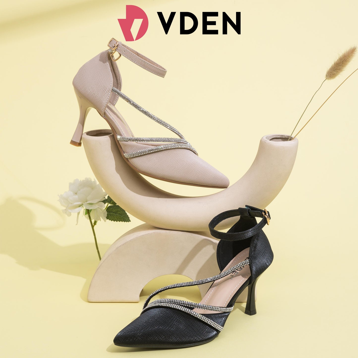 VDEN Women's Closed Pointed Toe Heels Pumps Rhinestone Shoes 3.3INCH/8.5CM 2026-12 French Buckle Rhinestone Stiletto Heel Ladylike Pointed Toe Sandals Heels Classy Comfort Elegant