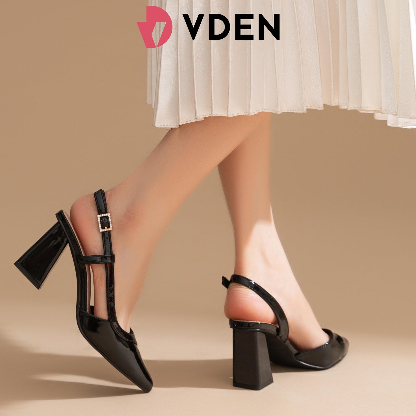 VDEN Closed Pointed Toe Chunky Heels Slingback Pumps Block Dress Shoes Women 2.9INCH/7.3CM M3673-14 Elegant Classy Footwear Girl Solid Color Patent Leather Pointed Toe Thick Heel Shoes Summer Slingback Shoes All-match Thick Heel Sandals