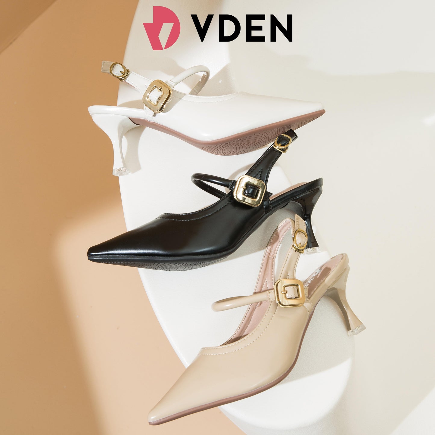 VDEN Women Slingback Buckle Heeled Pumps 2.5INCH/6.5CM 4866-2 Simple Solid Color Design Women's Pointy Toe Heels