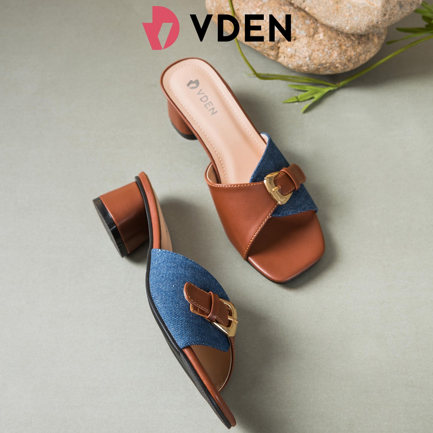 VDEN Women's Square Toe Block Heel Mules Sandals (NEED ADD 1 SIZE) 4CM/1.5INCH Retro Color Block Heel Sandals 2046-1 Open Toe Mules Slippers Chunky High Heels Footwear - Shoes
