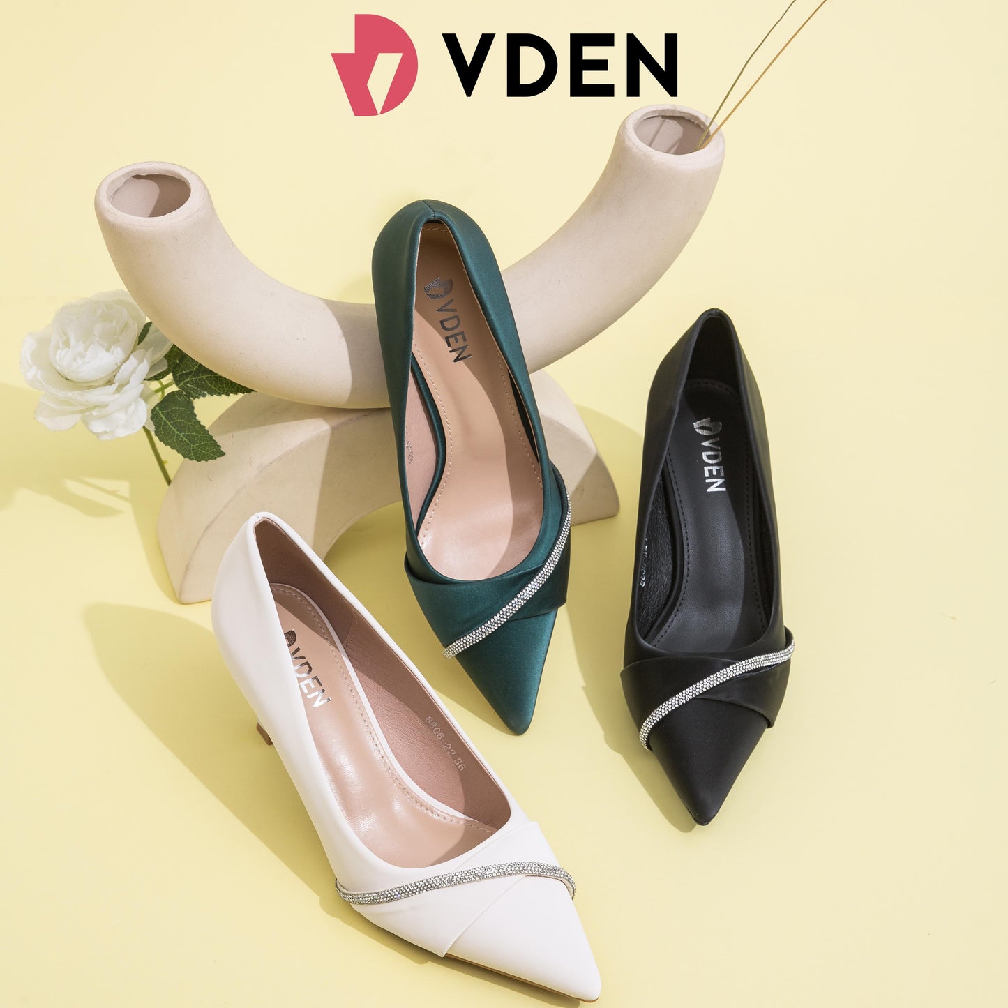 VDEN Women Rhinestone Decor Court Pumps Point Toe Heeled Shoes 3INCH/7.7CM 8806-22 Party High-end Satin Pointed-toe Heels Simple Intellectual Stilettos Heels