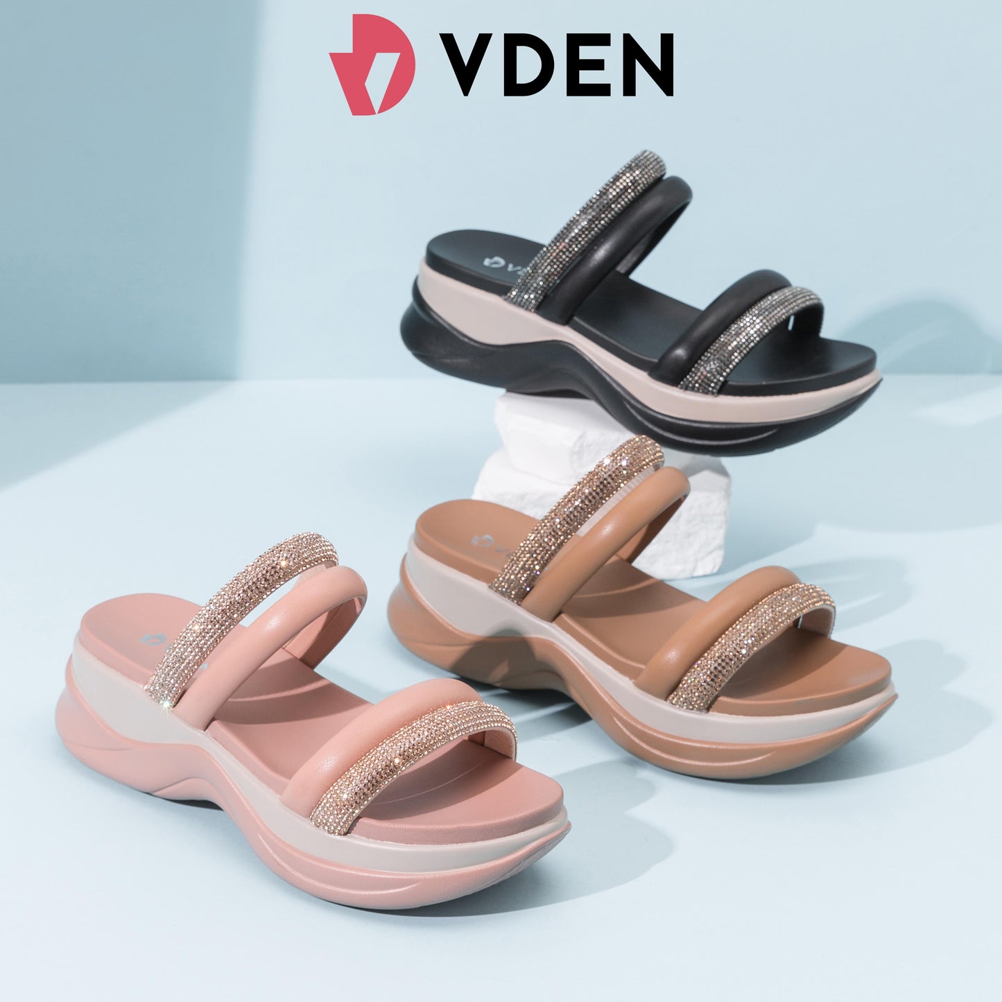 VDEN Elegant Double Strap With Rhinestone Wedge Sandals 1.4INCH/4.5CM Women's Simple Thick-soled Fashion Sandals Korean Style Rhinestone Temperament Casual Sandals Women's Slippers 23518-B