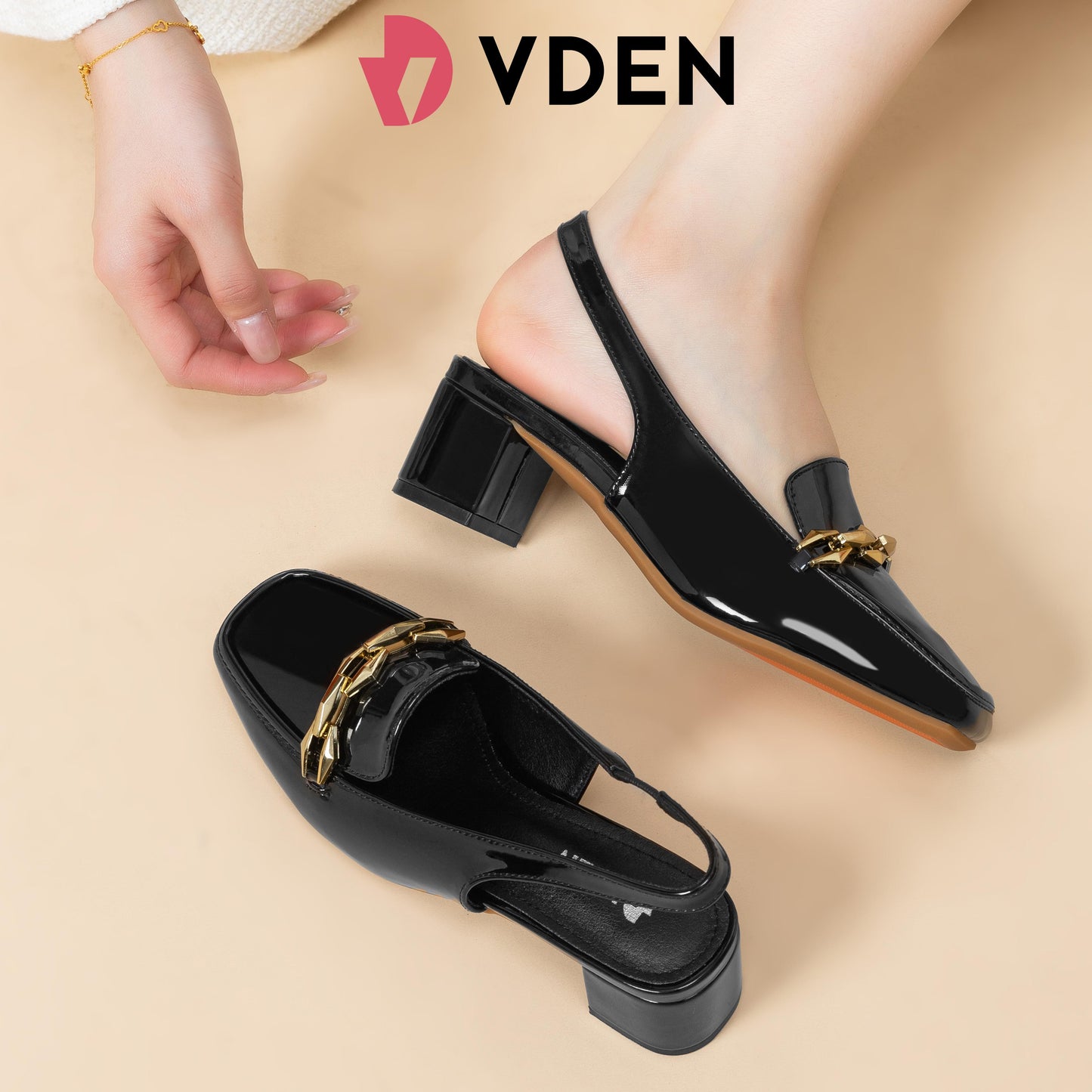 VDEN Women's Square Toe Chunky Heel Slingback Shoes Patent Leather 1.7INCH/4.5CM 558-90 Old Money Style Ladies' Rough Square Shoes Fashionable Patent Square Toe Slingback Chunky Heels Patent Leather Square Toe Block Heel Women's Sandals Shoes