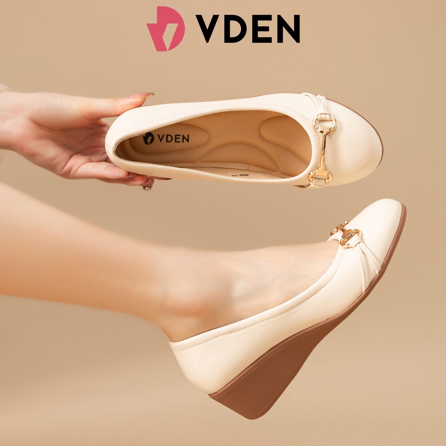 VDEN Nude Mid Heels Wedge Cap Toe Slip On Shoe for Women 2INCH/5CM 868-76 Wedge Round Toe Shoes Comfortable Work Shoes Office Shoes For Women