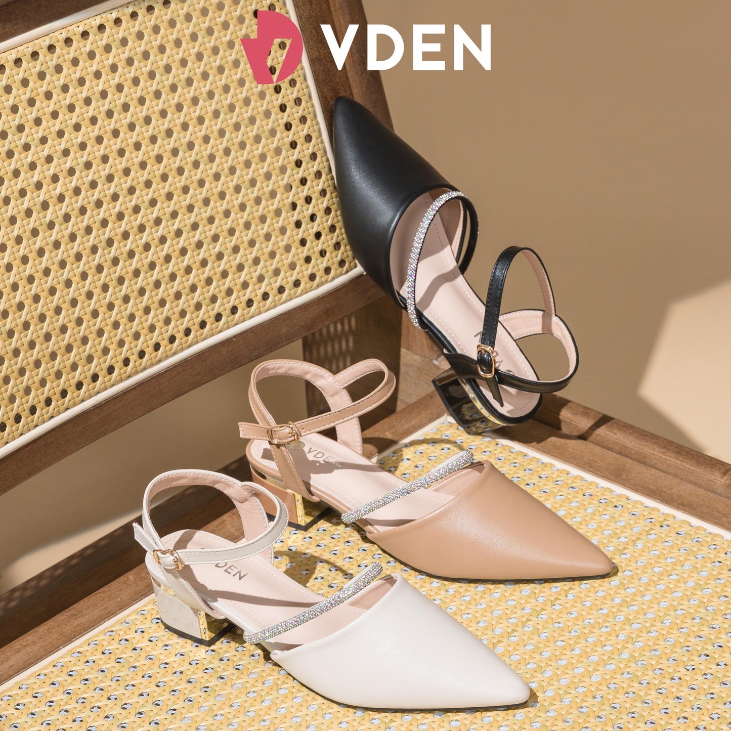 VDEN Slingback heels Pointed Toe for Women 1.5INCH/4CM 1169 Simple Solid Color Pointed Toe Rhinestone Block Heel Sandals