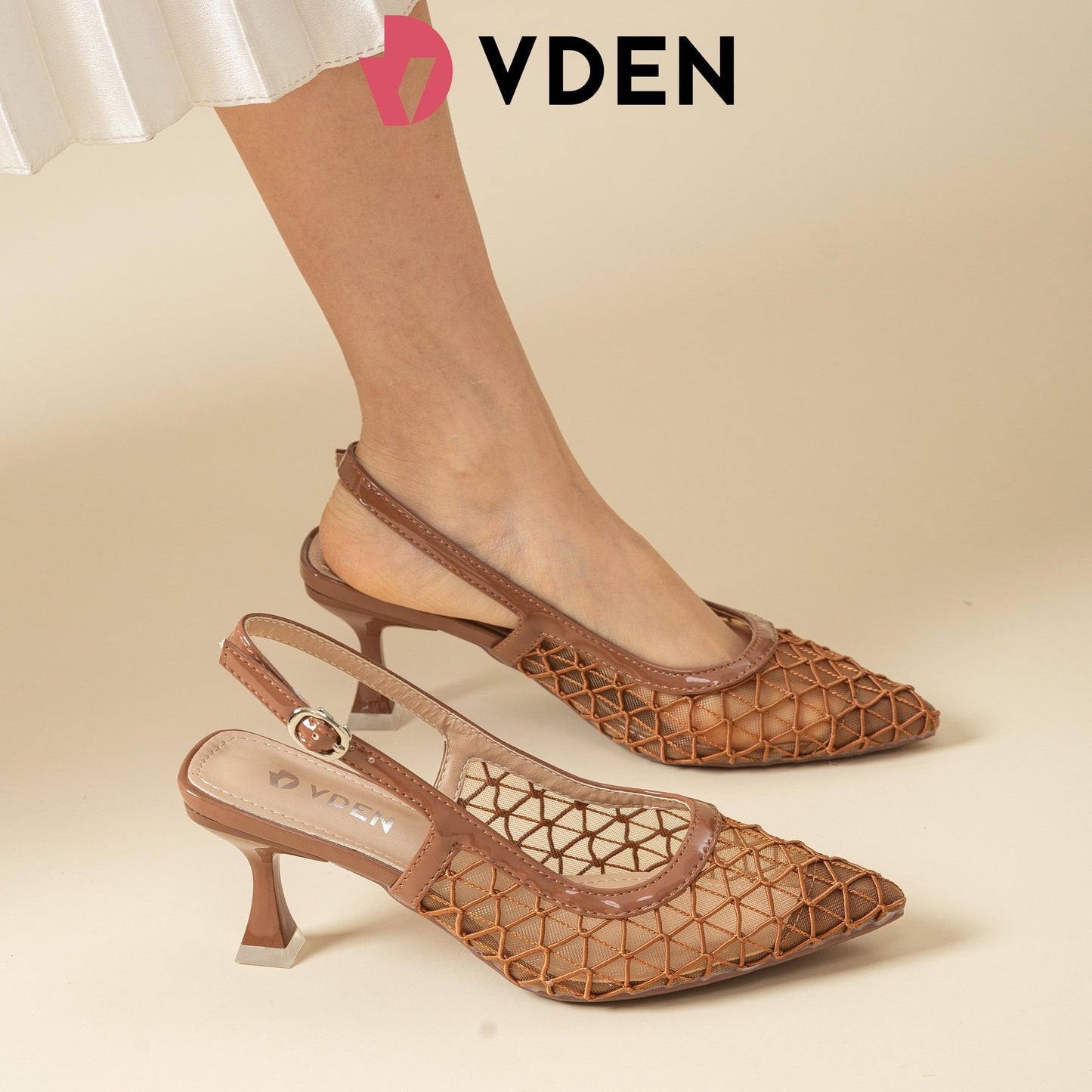 VDEN Elegant Pointed Toe Mesh Slingback Heels 888-8 2.7INCH/7CM Office Lady Lightweight Breathable Mesh Slingback Pumps Vintage Style Classic Pointed Toe Geometric Mesh Heels For Women