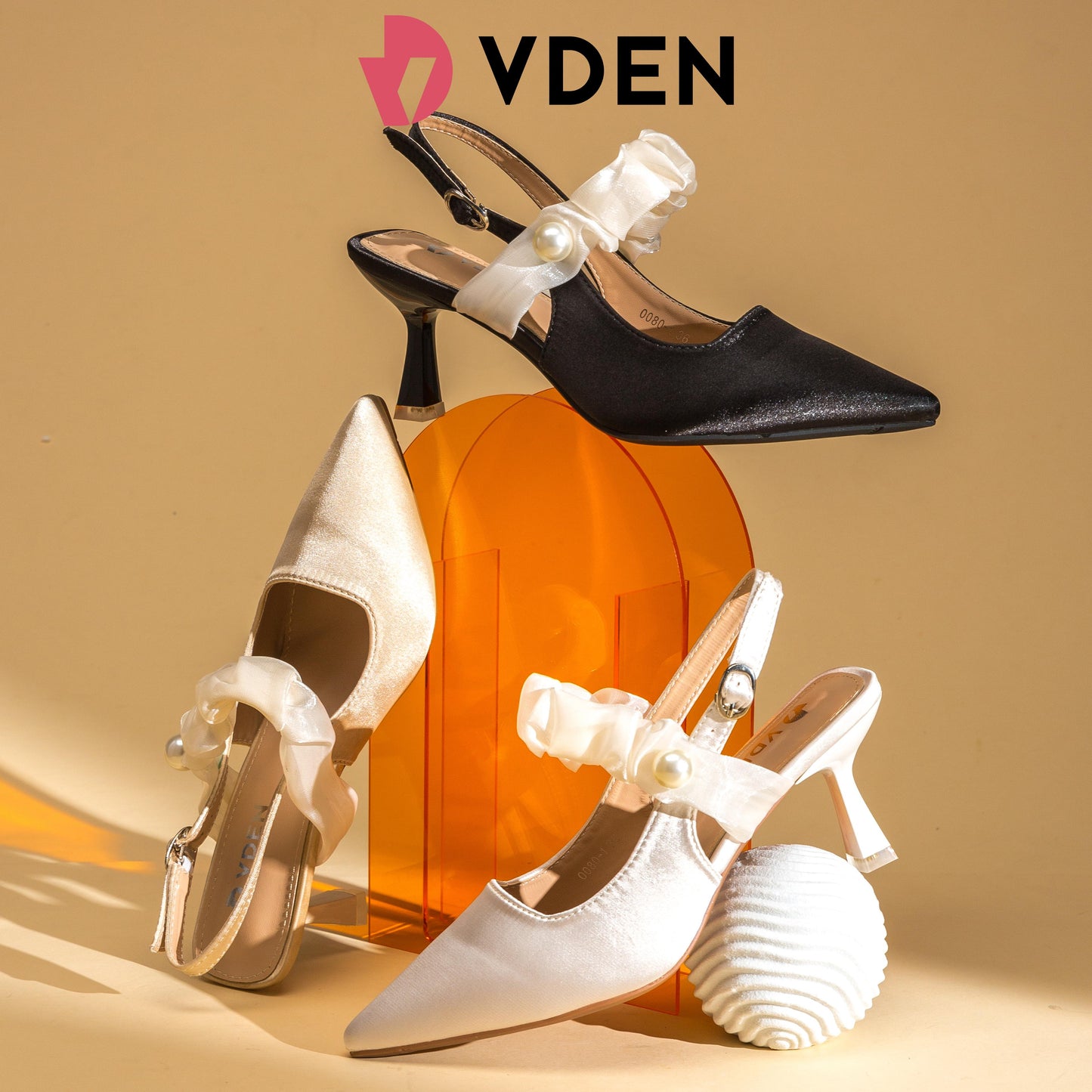 VDEN Kitten Heels With Pearl Mid Heel Shoes For Women(NEED ADD 1 SIZE)2.7INCH/7CM 0080-1 French Satin Pearl Slingback Stilettos