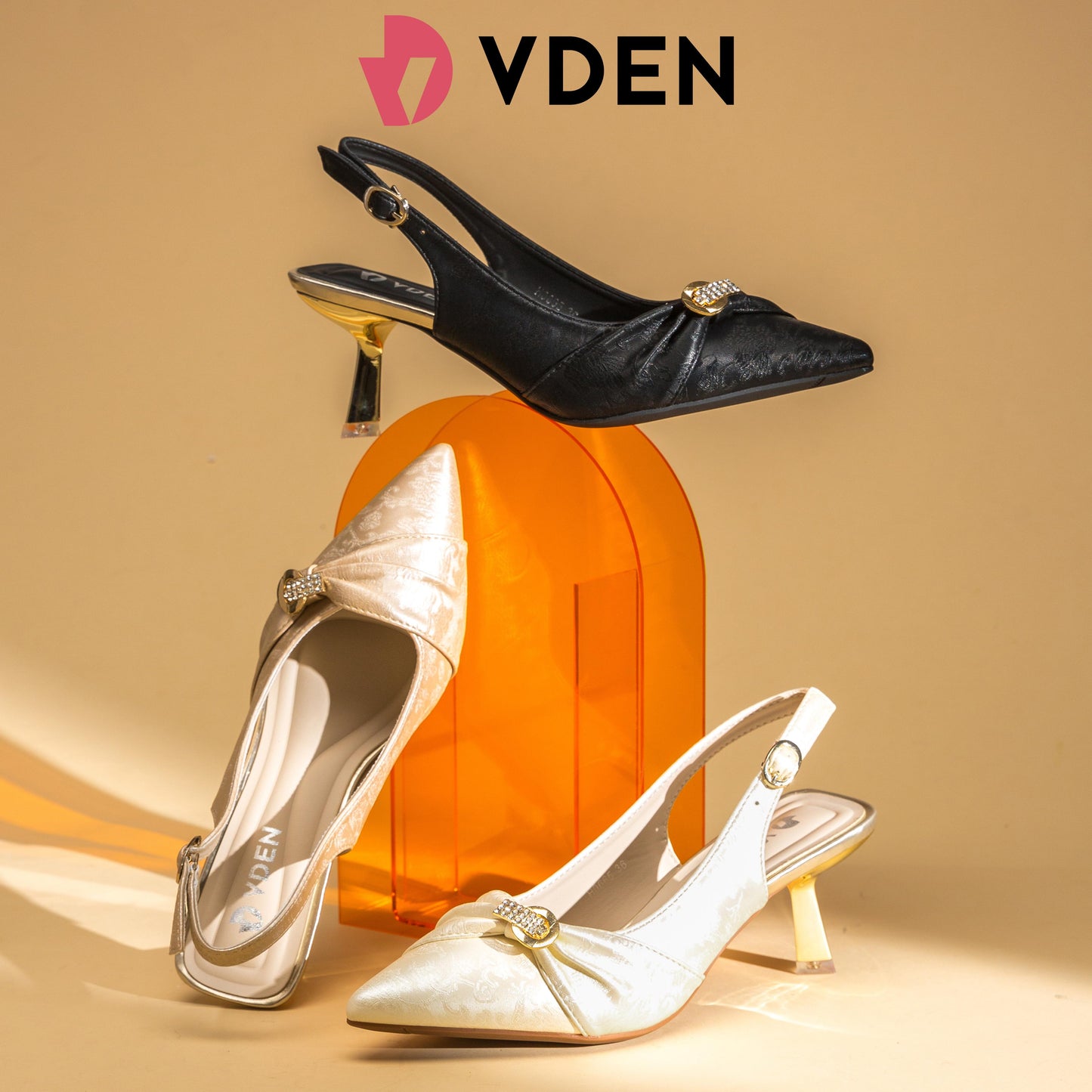 VDEN Women's Satin Embroidered Slingback Heels 2.7INCH/7CM H0665 Commuting Pointy Toe Stilettos