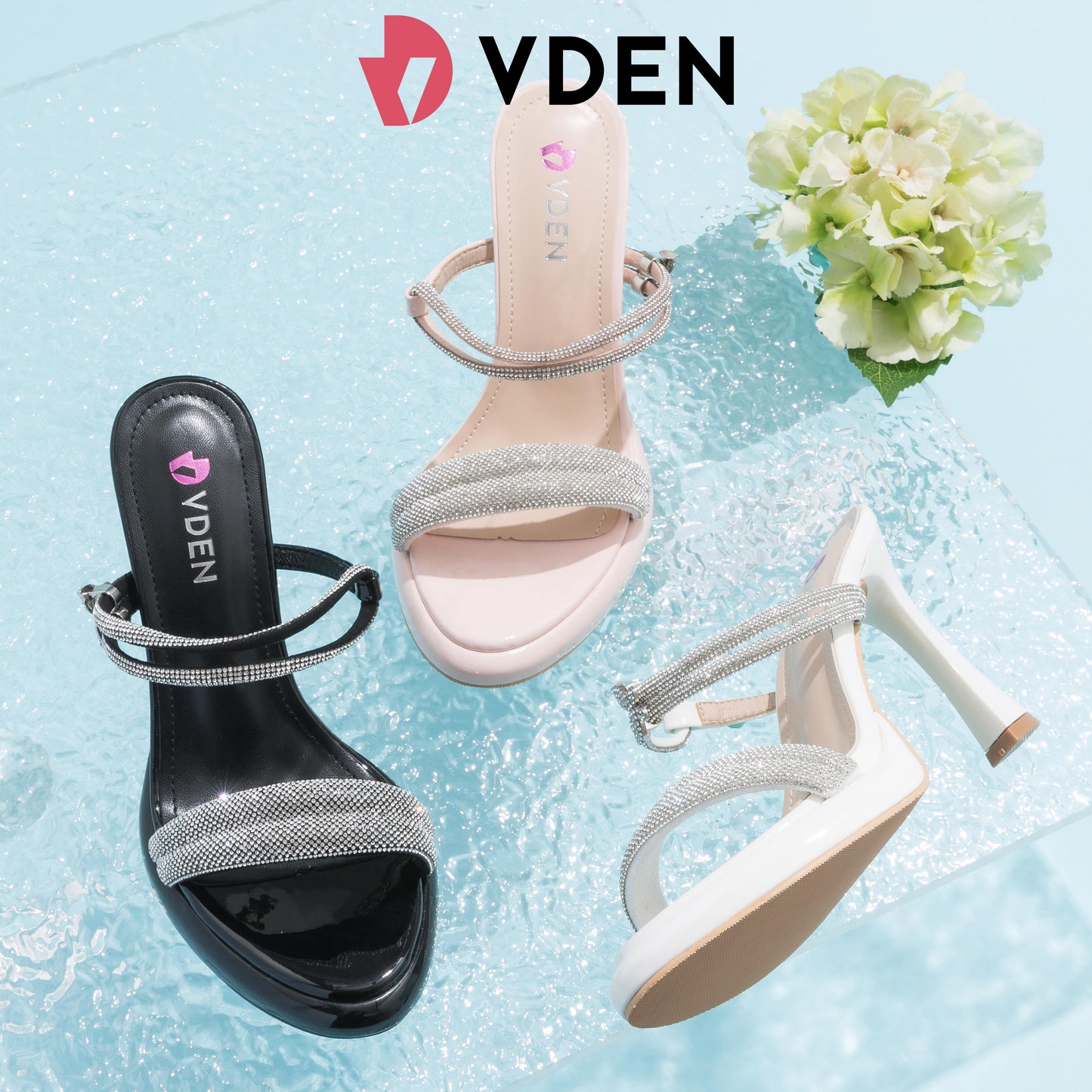VDEN High Heel Thick Sole Rhinestone Open Toe Stilettos 4INCH/10CM Rhinestone Slip On High Heel Round Toe Mules For Women H131-8
