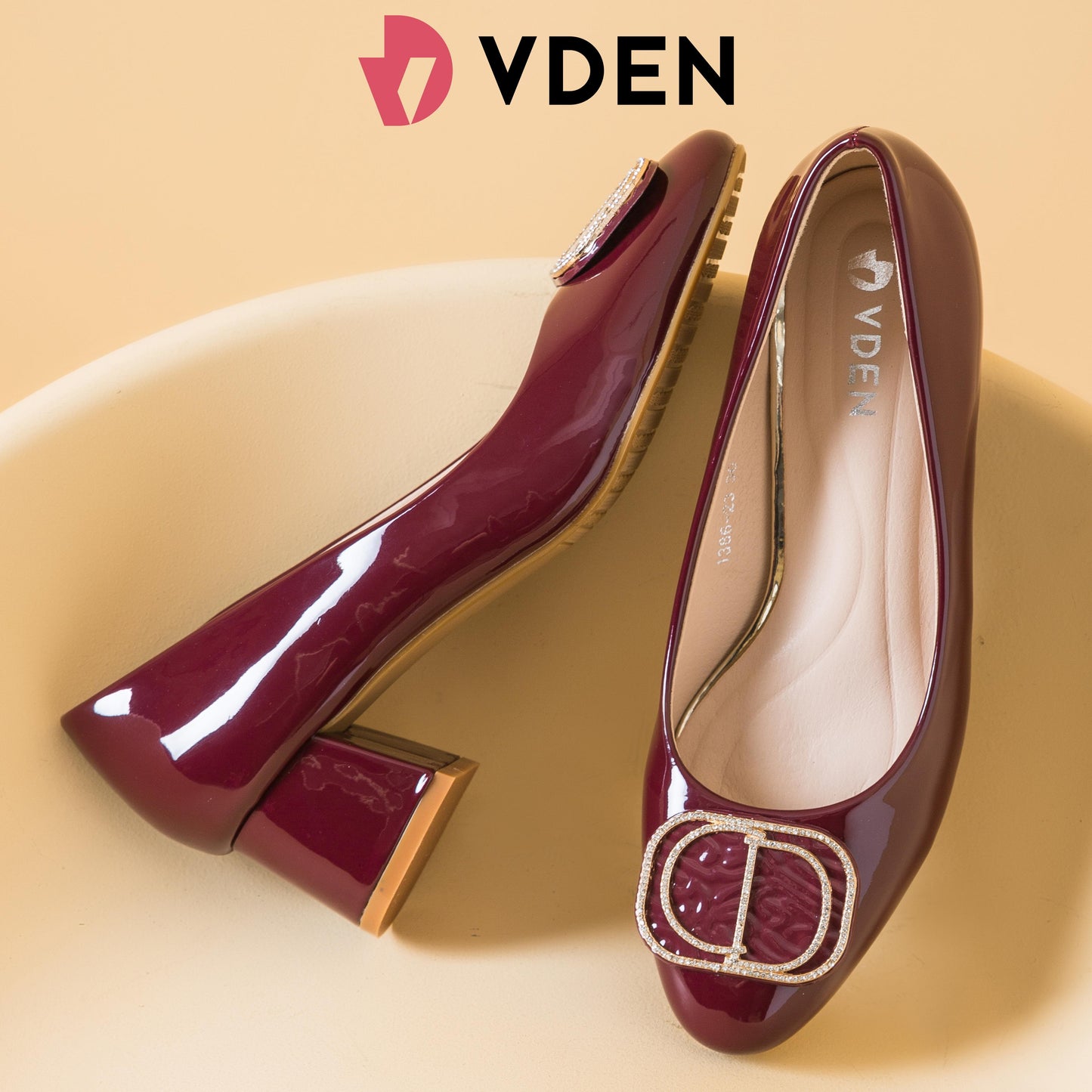 VDEN Round Toe Women's Slip On Metal Buckle Patent Chunky Low Heel Pumps Shoes 1.9INCH/4.8CM 1386-23 Chunky Heel Slip-on Shoes For Women Office Thick Heel Shoes With Rhinestones Old Money Style Heels Elegant Women's Shoes High-end Women's Shoes