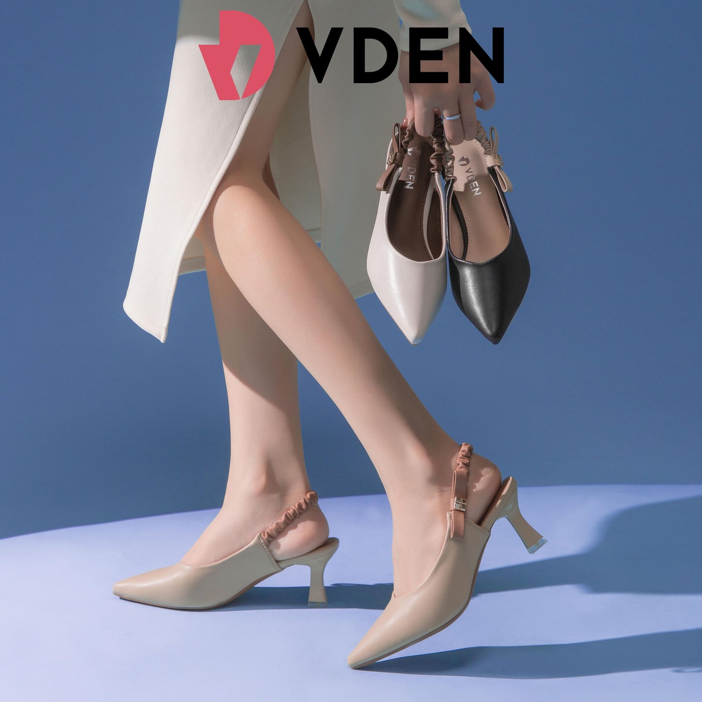 VDEN Pointed Stileto Mid Heel 003-3 Simple Solid Color Pointed Toe Low Heel Slingback Shoes