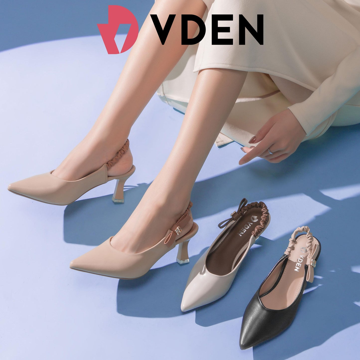 VDEN Pointed Stileto Mid Heel 003-3 Simple Solid Color Pointed Toe Low Heel Slingback Shoes
