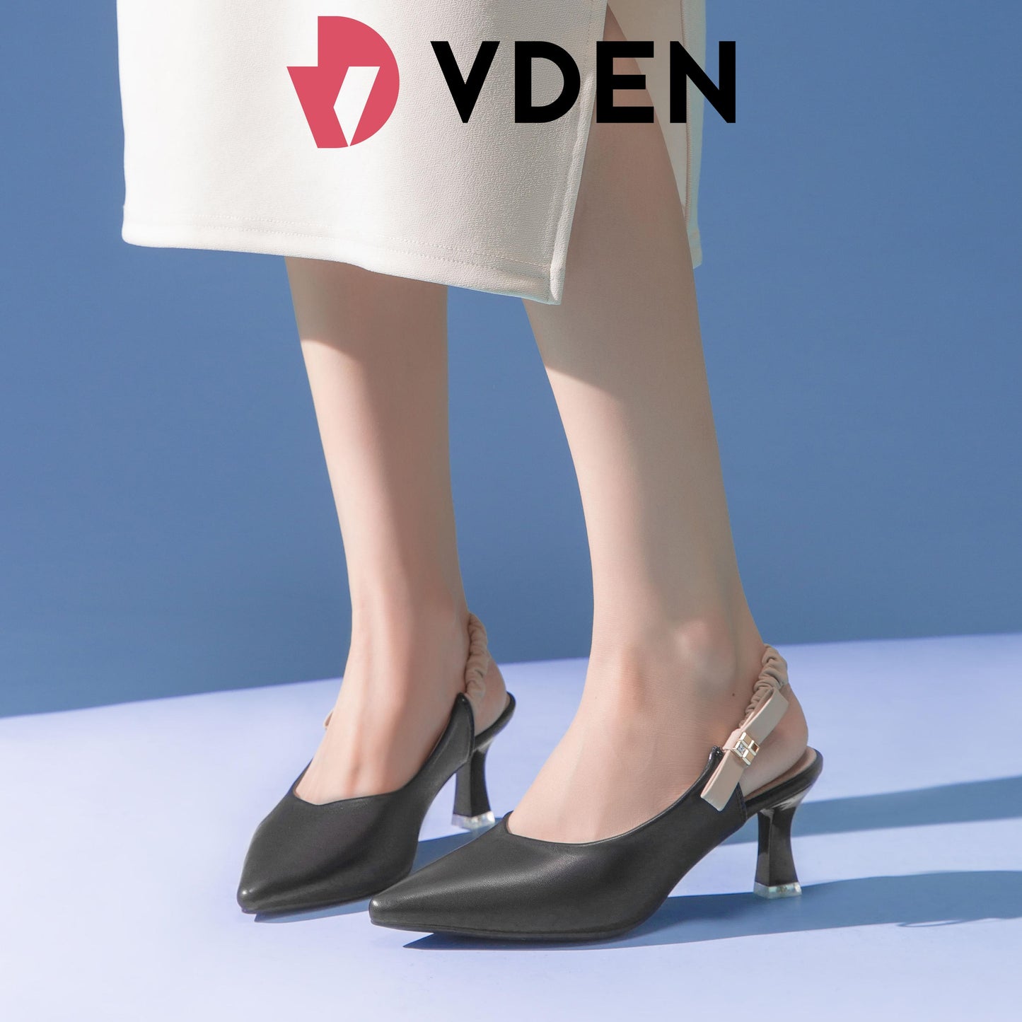 VDEN Pointed Stileto Mid Heel 003-3 Simple Solid Color Pointed Toe Low Heel Slingback Shoes