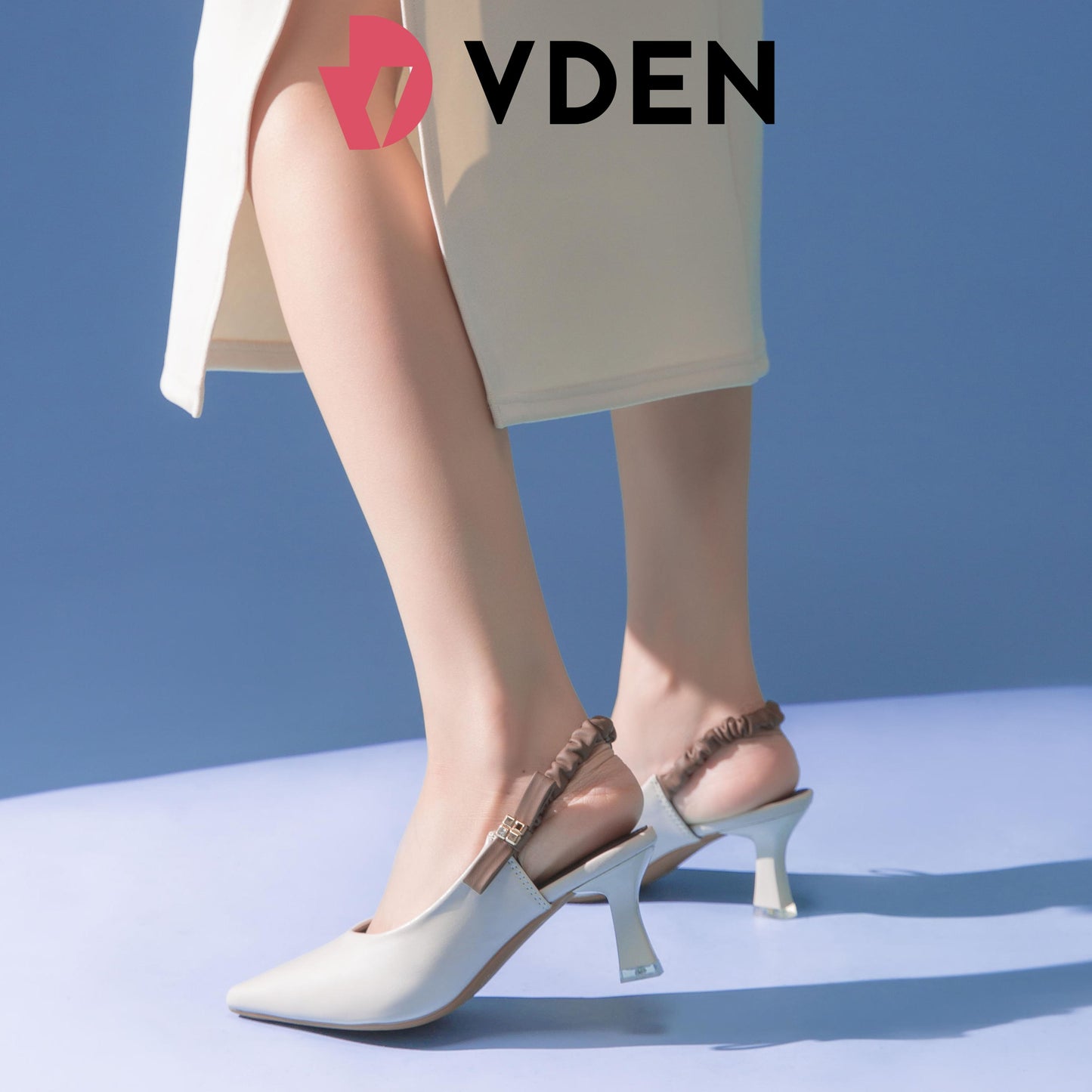 VDEN Pointed Stileto Mid Heel 003-3 Simple Solid Color Pointed Toe Low Heel Slingback Shoes