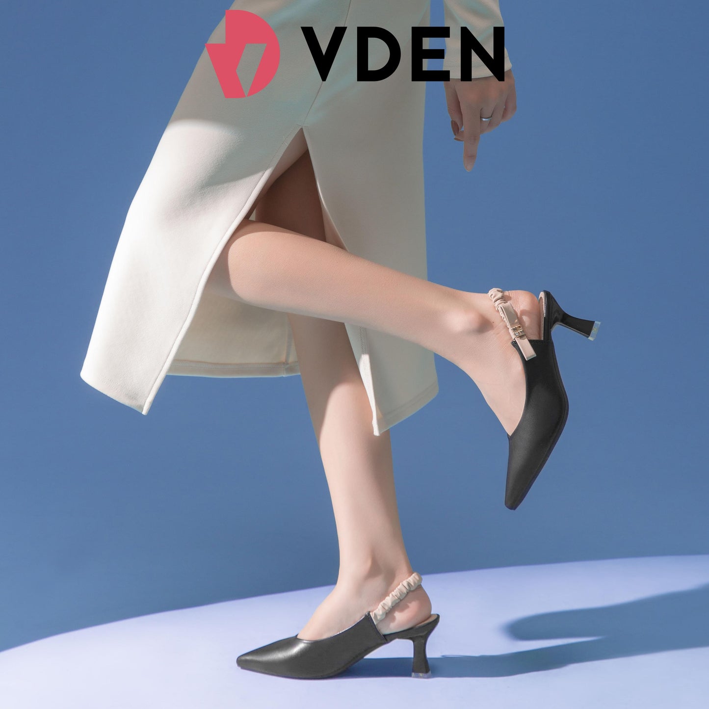 VDEN Pointed Stileto Mid Heel 003-3 Simple Solid Color Pointed Toe Low Heel Slingback Shoes