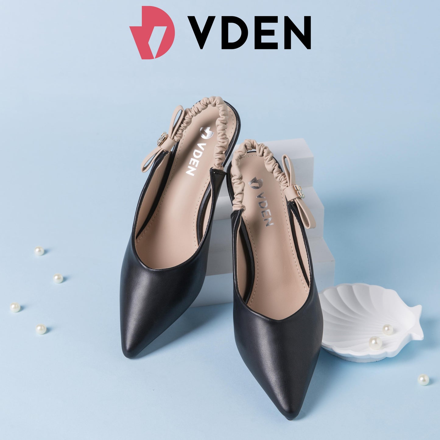 VDEN Pointed Stileto Mid Heel 003-3 Simple Solid Color Pointed Toe Low Heel Slingback Shoes
