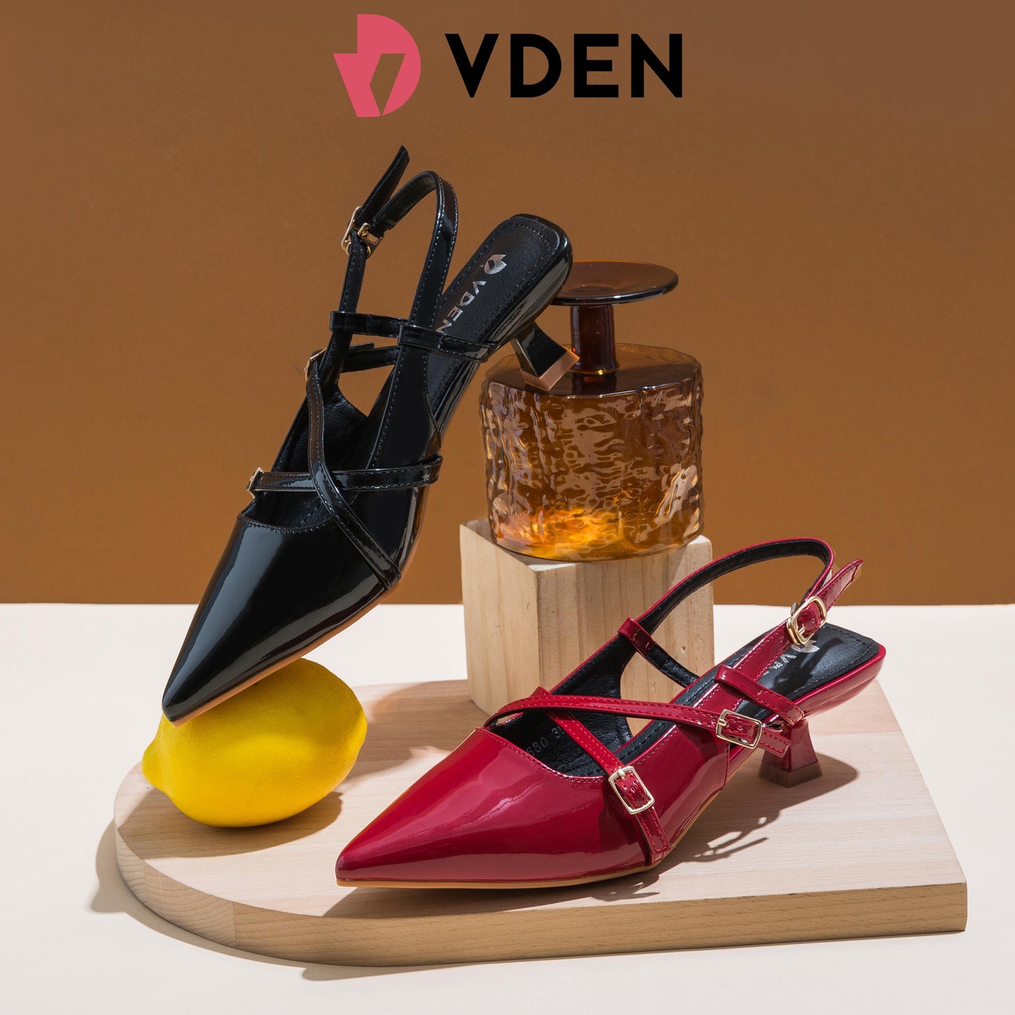 VDEN Buckle-strap Kitten Heel Slingback Pumps 3CM/1.1INCH Mary Jane Pointed Toe High Heels 680 French Patent Leather Pointed Toe High Heels