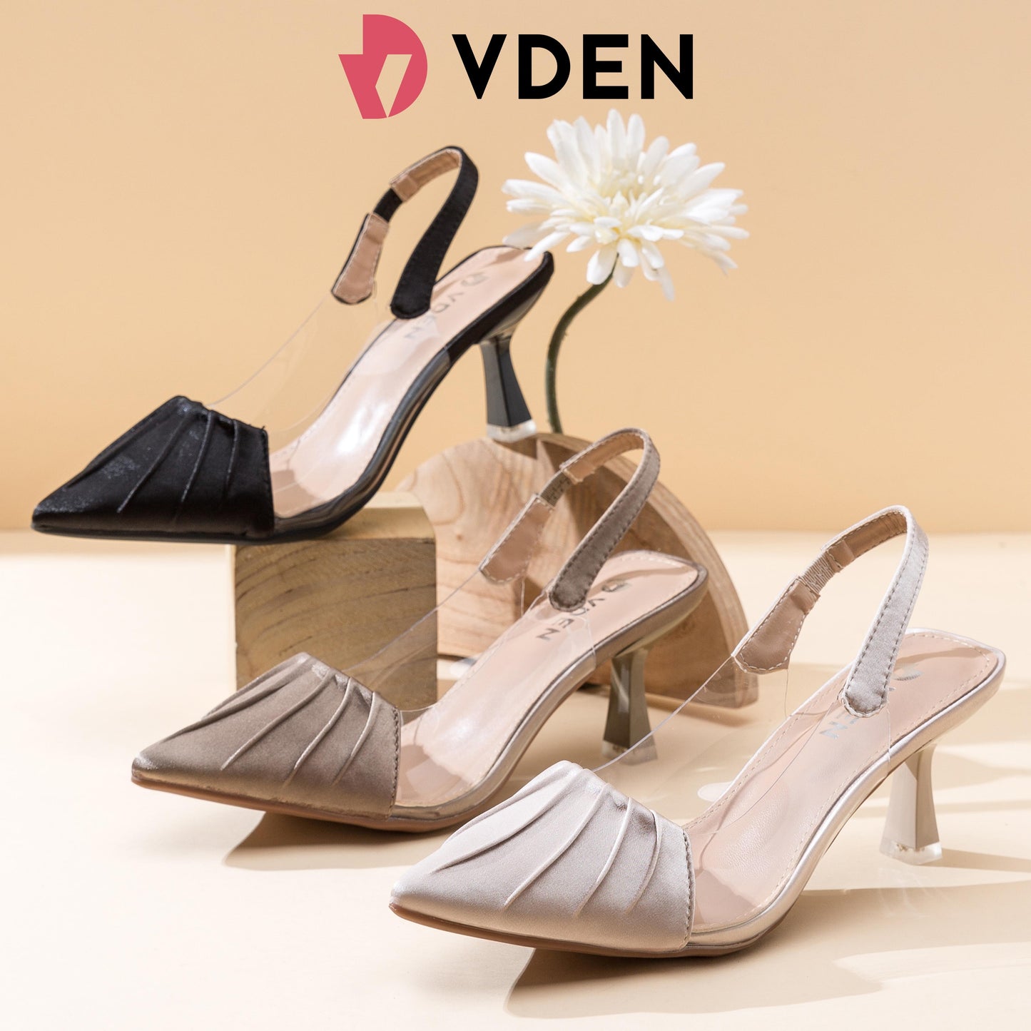 VDEN Satin Patent Leather Slingback-Heeled Shoes For Women 2.7INCH/7CM 4408-3 Fairy Style Sandals With Pointed Toe Fashionable Color Matching And Transparent Stitching Color