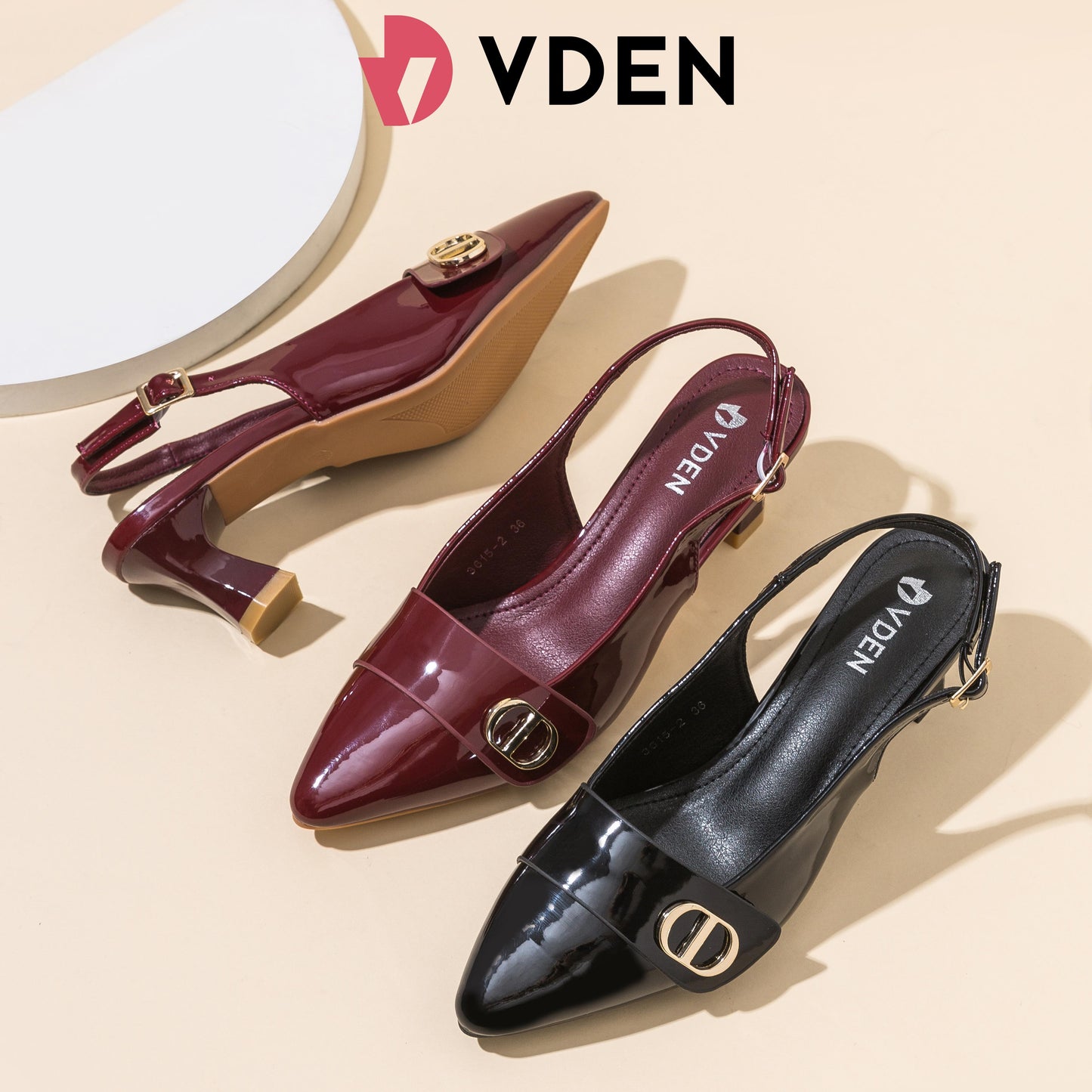 VDEN Pointed-Toe Slingback Pumps For Women 2.1INCH/5.5CM 3615-2 Women’s Vintage Pointed-Toe Slingback Patent Leather Heels With Buckle