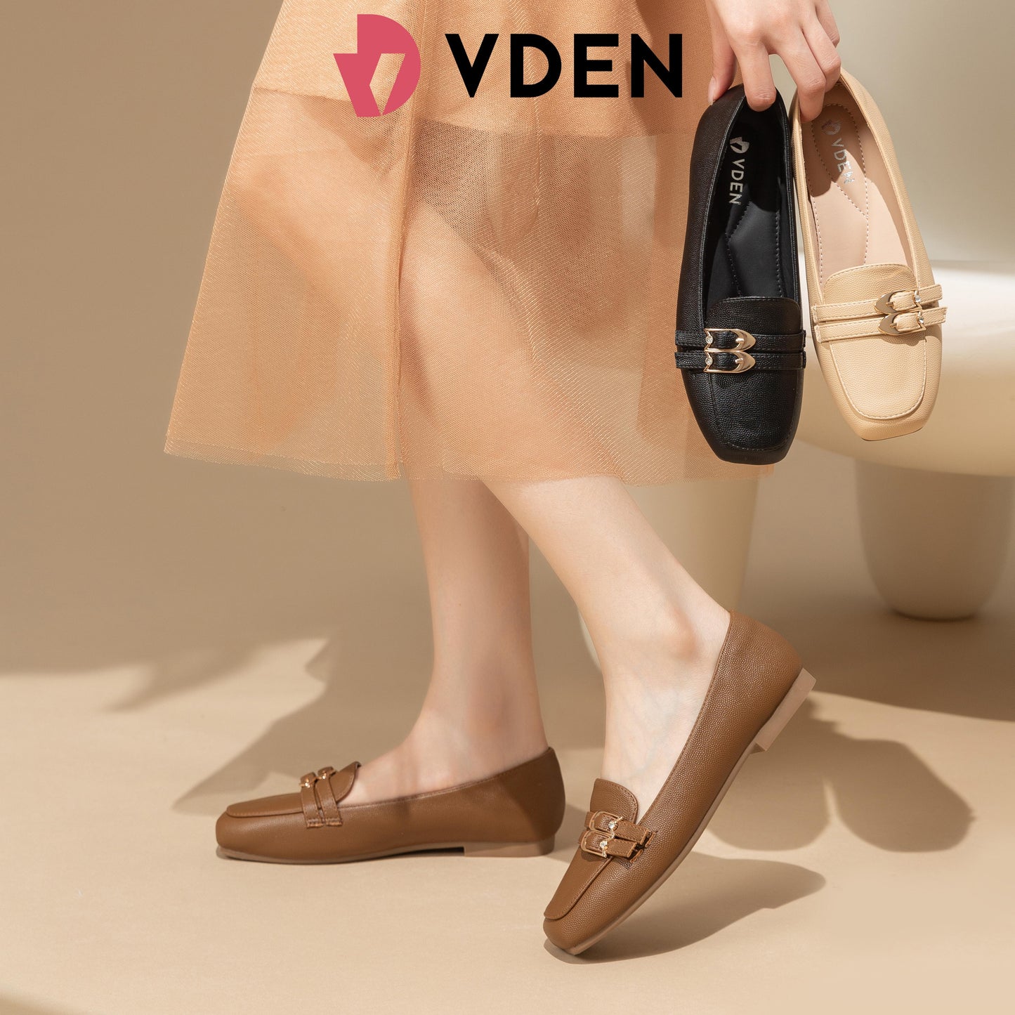 VDEN Loafer Shoes For Women Tone Metal Decor Square Toe Linen Flats 0.4INCH/1.1CM 2169-68 Comfort Footwear Square Toe Slip On Shoes For Women Office Women Low-heeled Loafers British Style Simple Slip-on