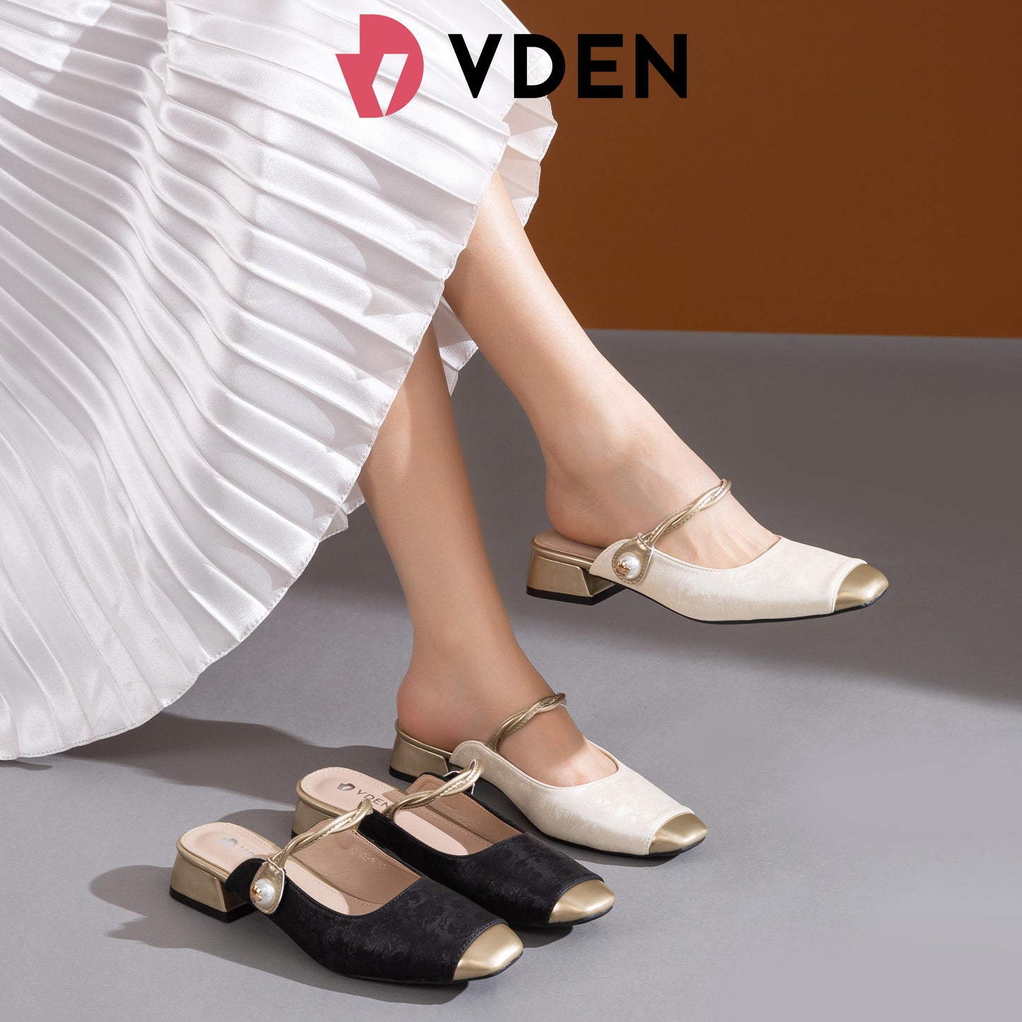 VDEN Block Heel Square Toe Mule Shoes for Women 3CM/1.1INCH Color Block Special Fabric Sandals K792-1 Ladies Slip-on Shoes