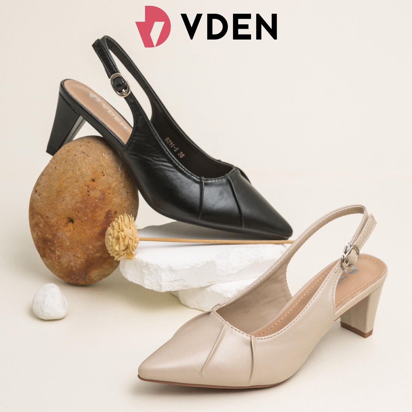 VDEN Women's Slingback Block Heels Pointed Toe Pumps - Black & Beige, Comfortable Office Formal Shoes, Non-slip Work Heels for Women 2.2INCH/5.7CM B214-5 Women's Mid Heel Slingback Pointed Closed Toe Pumps Dress Shoes for Women