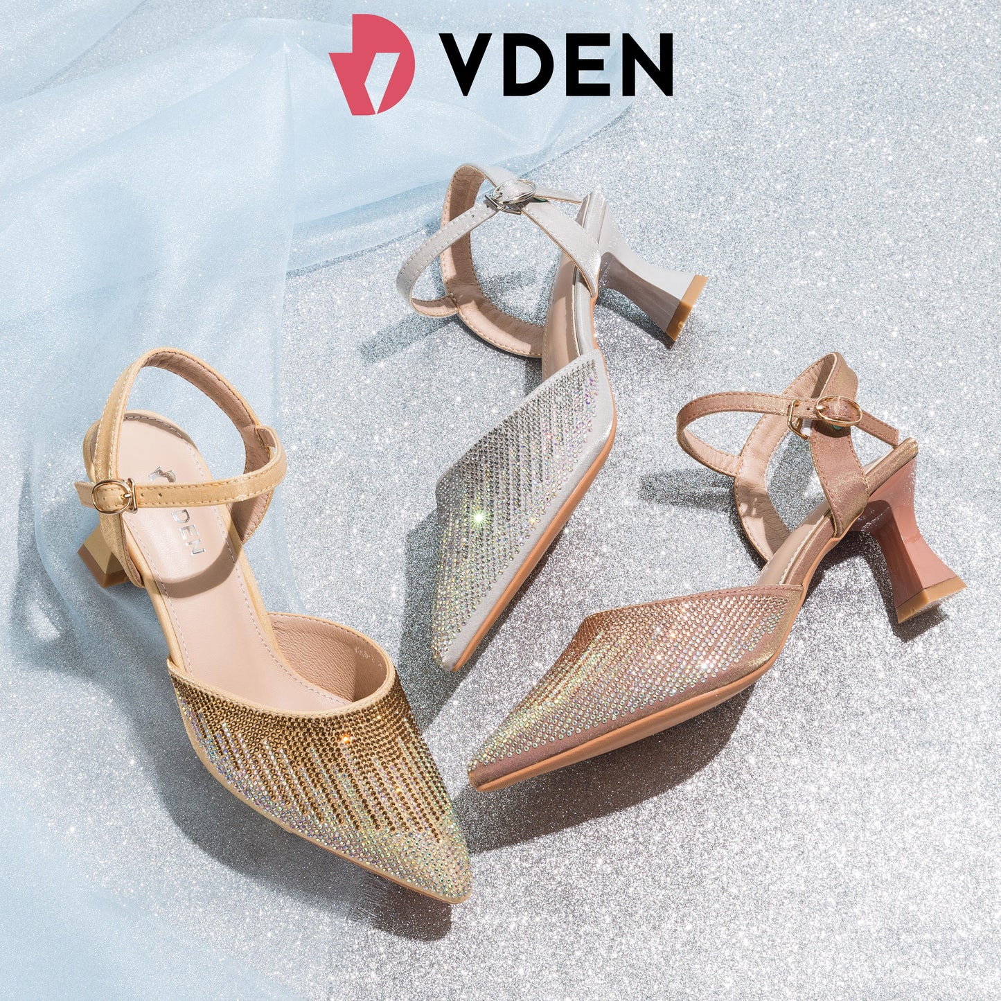 VDEN High-Heeled Shoes For Women (V008-2) 2024 Spring New Women's Fashion Versatile Pointed Toe Stiletto Heel Rhinestone Sandals