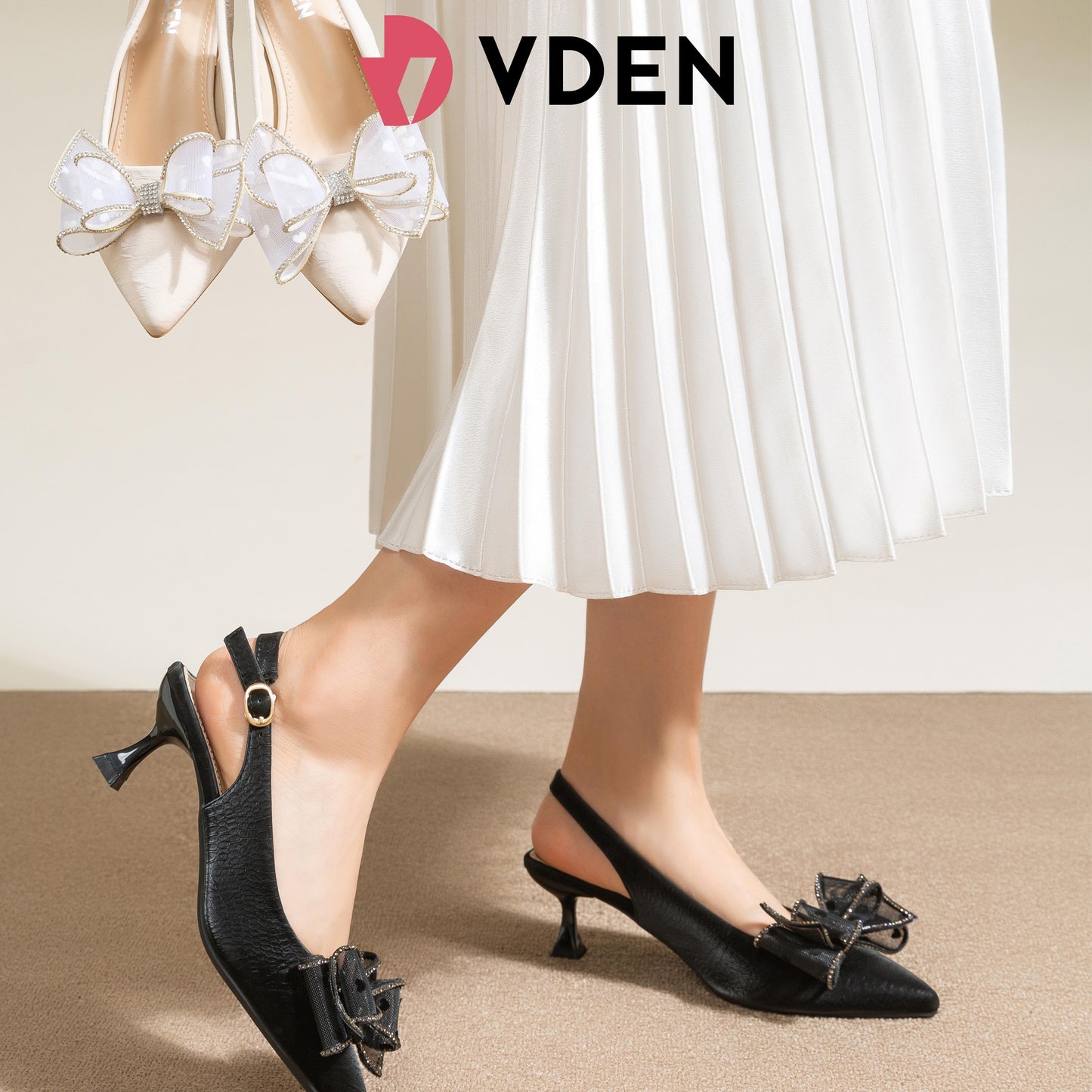 VDEN Women's Luxury Sandals Mid Heels Bow Tie Pointed Slingback Shoes 2.5INCH/6CM 326-12 Elegant Bow Slingback Heels for Women Chic Pointed Toe Kitten Heels with Bow Graceful Ribbon Bow Evening Heels Crystal Bow Wedding & Party Heels