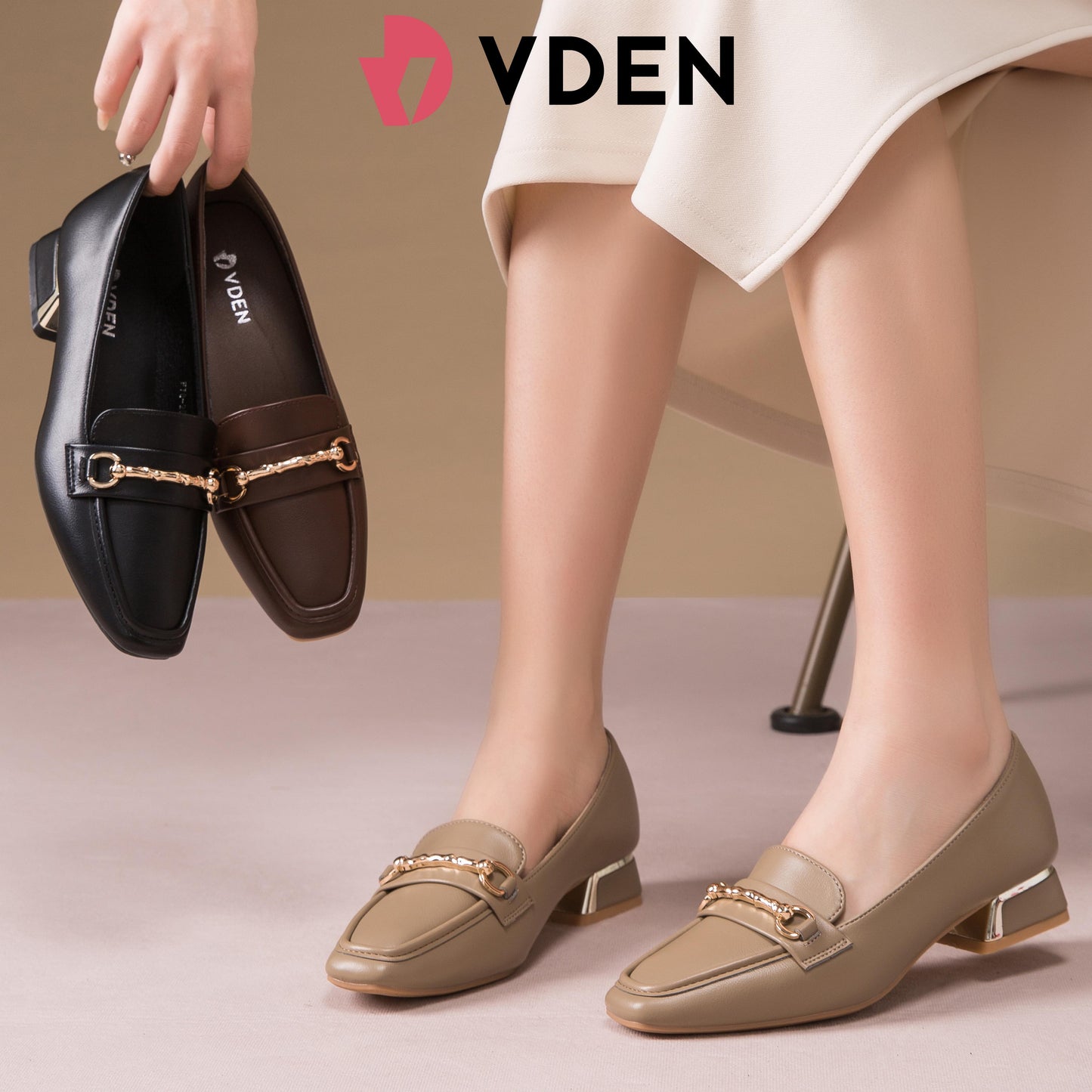 VDEN Square-toe Loafers For Women (F78-284) Slip-Ons 2024 New Retro Genuine Leather Thick Heel French Super Soft Loafers For Commuting Fo Work Shoes