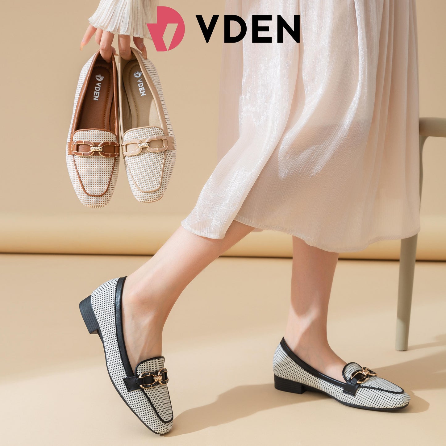 VDEN Slip-On Loafers loafers Dress Shoes Black With Dots Design 1INCH/2.5CM 628-703 Korean Style Breathable Woven Loafers Elegant Mesh Low Heel Loafers Tweed-Style Flat Loafers with Metal Buckle