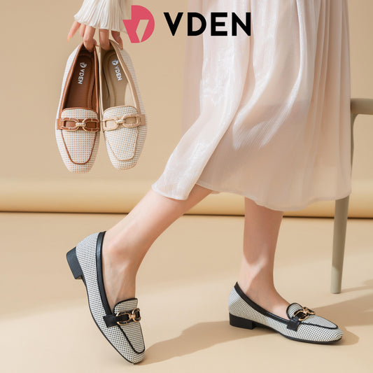 VDEN Slip-On Loafers loafers Dress Shoes Black With Dots Design 1INCH/2.5CM 628-703 Korean Style Breathable Woven Loafers Elegant Mesh Low Heel Loafers Tweed-Style Flat Loafers with Metal Buckle