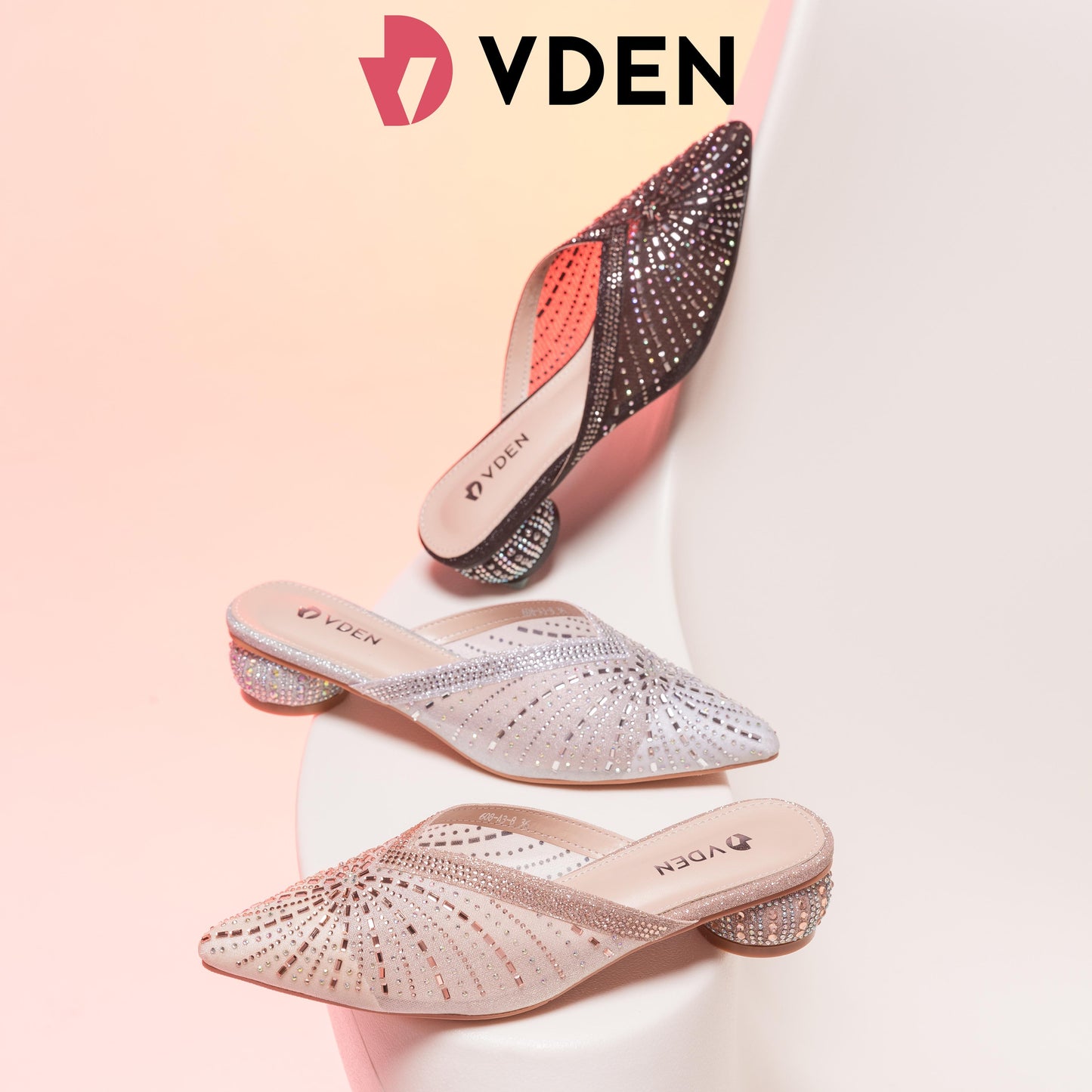 VDEN Pointed Toe Heels Sandal 608-A3-8 Mules Half Slippers For Women Summer Thick Heel Outer Wear 2024 New Style Genuine Leather Rhinestone Fashion Pointed Toe Medium Heel Sandals For Women
