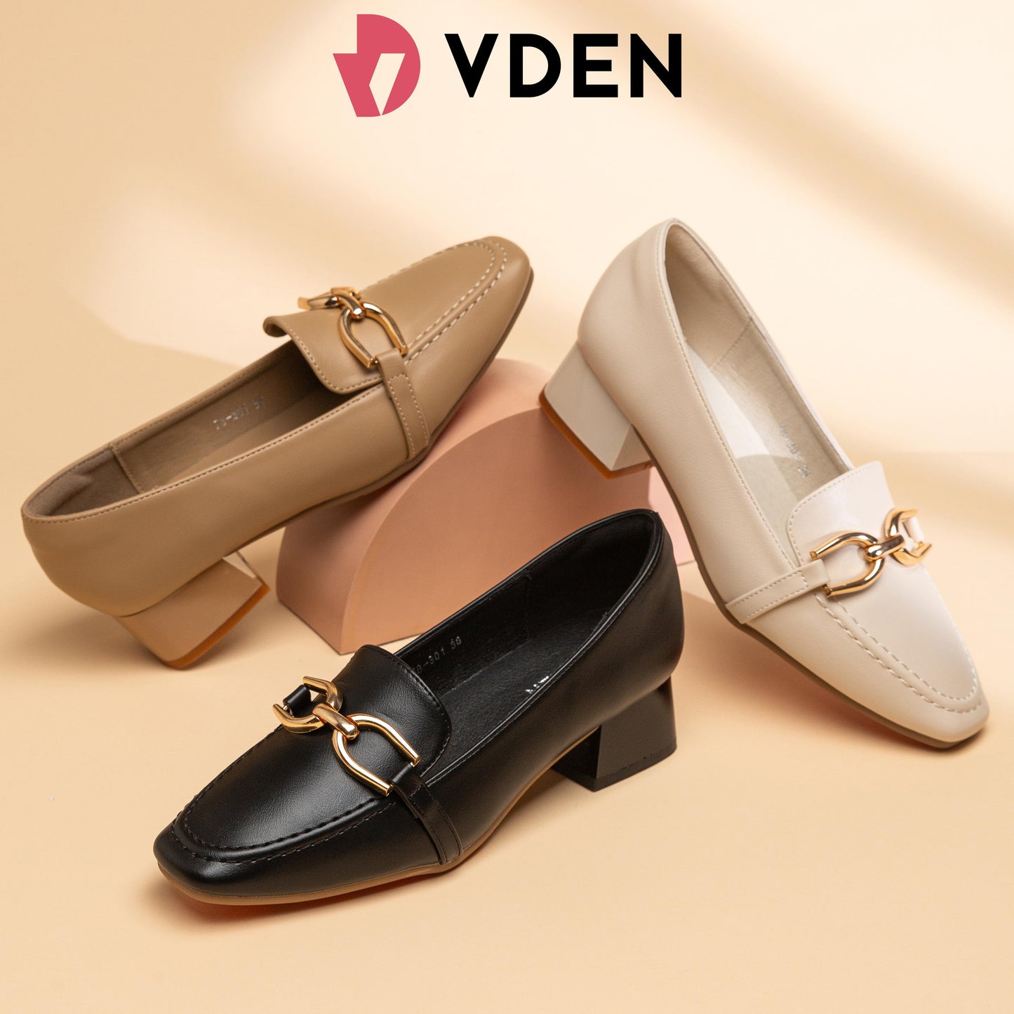 VDEN Leather Heel Gold Buckle Square Toe For Women 3.6CM/1.5INCH Square Toe Thick Heel Old Money Style Loafers Heels 78-301 Women's Office Shoes Footwear