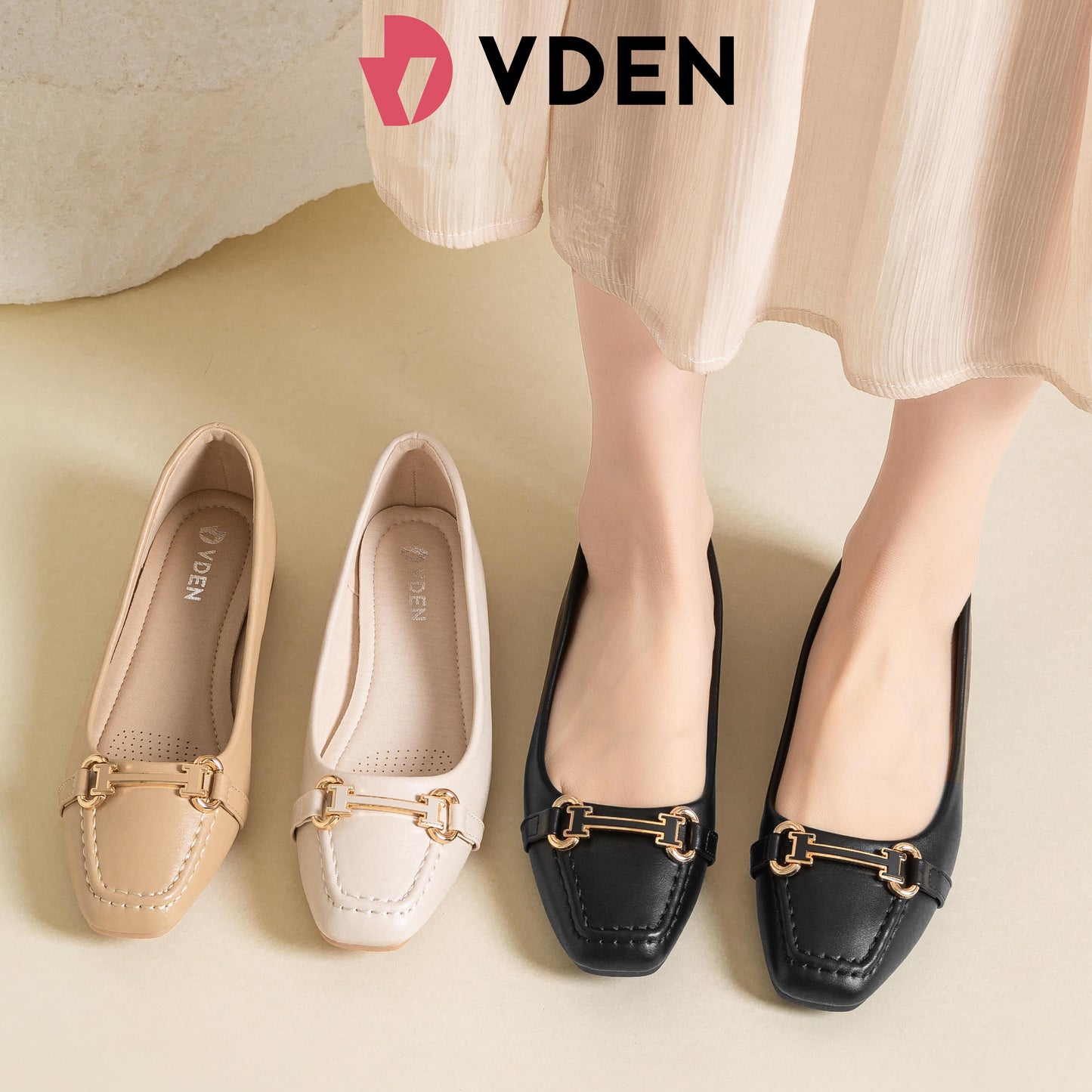 VDEN Square Toe Office Slip-on Shoes For Women 1INCH/2.5CM 628-342 Elegant Women Textured Small Heel Pumps Shoes Simple Low-heeled Women's Shoes Comfortable Commuting Thick-heeled Shoes With Metal Buckle Decoration