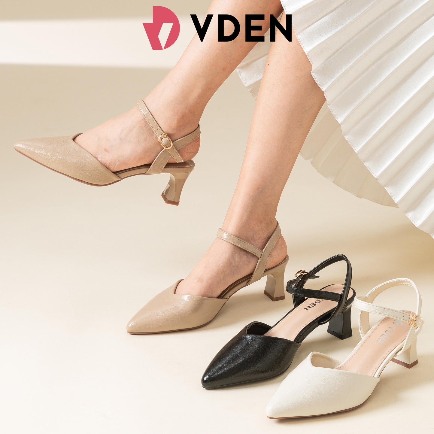 VDEN Women's Elegant Pointed Toe Block Heels 2.2INCH/5.6CM 2686-10 Korean Solid Color Simple Versatile Thick Heels Comfortable Block Heel Slingback Shoes Fashionable High-heeled Shoes With Ankle Strap Design Versatile Pleated Ankle Strap Heels