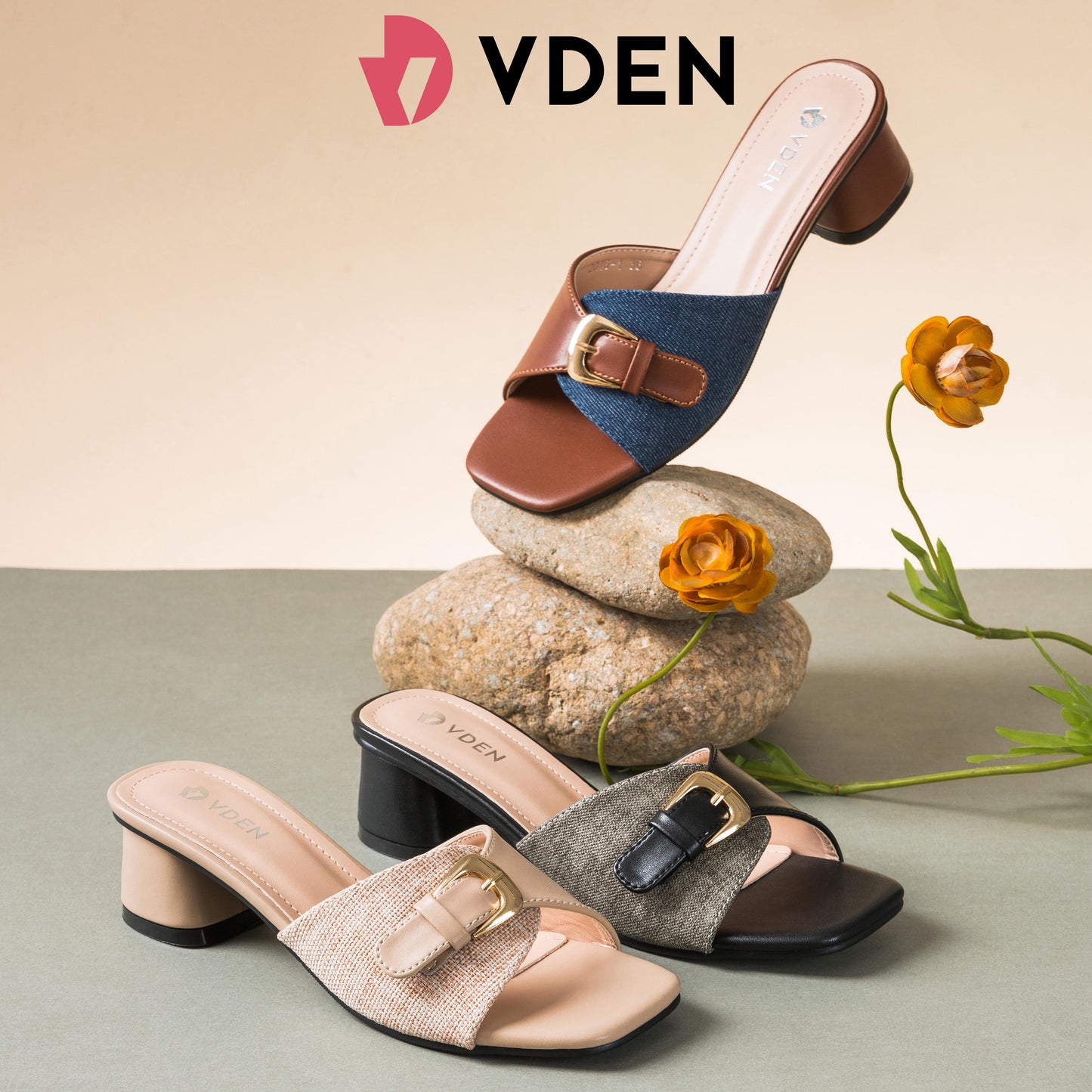 VDEN Women's Square Toe Block Heel Mules Sandals (NEED ADD 1 SIZE) 4CM/1.5INCH Retro Color Block Heel Sandals 2046-1 Open Toe Mules Slippers Chunky High Heels Footwear - Shoes