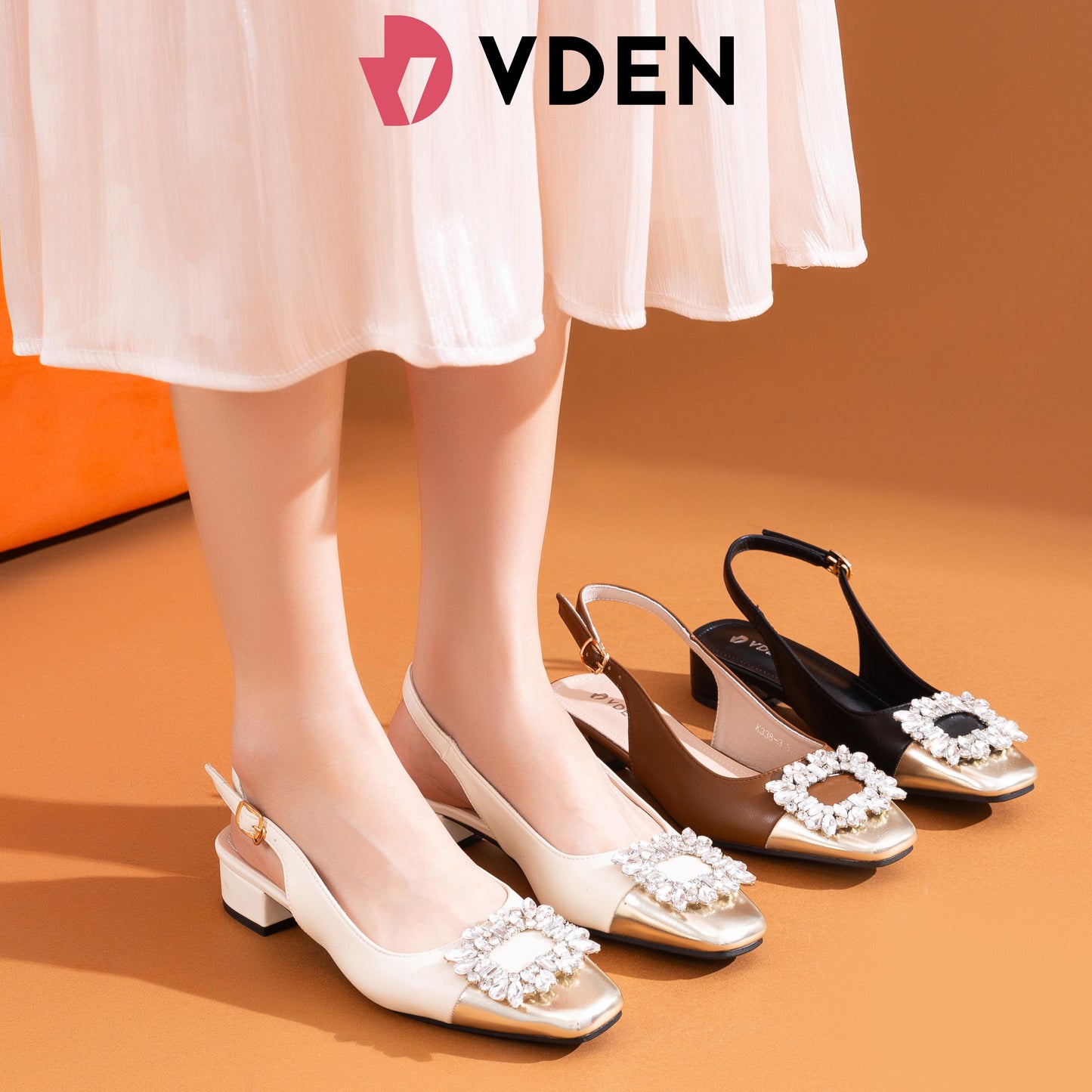 VDNE Rhinestone Square Toe Thick Heel For Women (NEED ADD 1 SIZE) 3CM/1.1INCH Square Buckle Slingback Shoes K338-3 Retro Color Block Heels