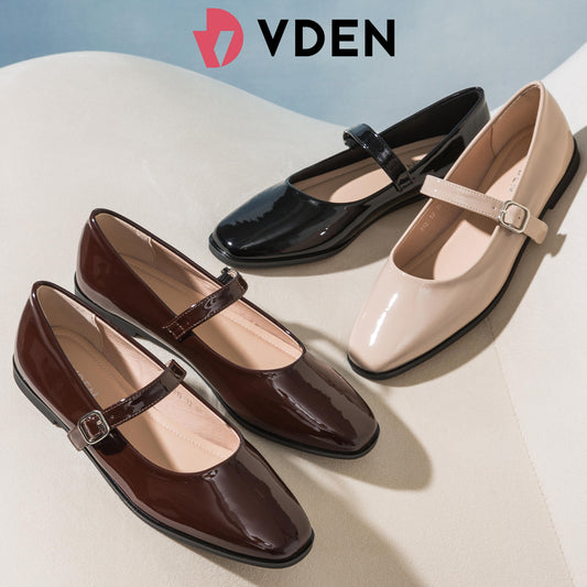 VDEN Patent Square Toe Mary Janes Shoes For Women 0.5INCH/1.4CM 315-12 Korean Style Slip-on Elastic Flat Shoes Solid Color Simple Student Shoes
