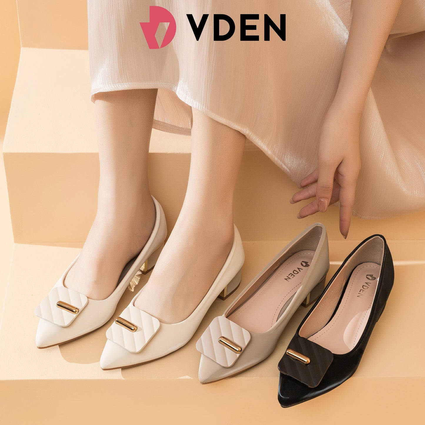 VDEN Square Buckle Leather Pumps Pointed Shoes for Women 4CM/1.5INCH Women's Office Shoes With Thick Heel And Elegant Heels 863-164 Women's Pointed Toe Block Heels Footwear Walking Shoes