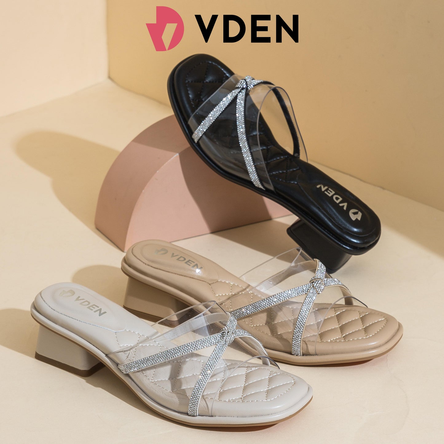 VDEN VDEN Elegant Rhinestone Strap Heeled Sandals For Women 1.2INCH/3.3CM 542-21  Sparkly Crystal Strap Open Toe Sandals Quilted Cushion Heel Sandals for Women Summer Elegant Slip-On Heeled Sandals Walking Shoes Glitter Strap Square Heel Party Sandals