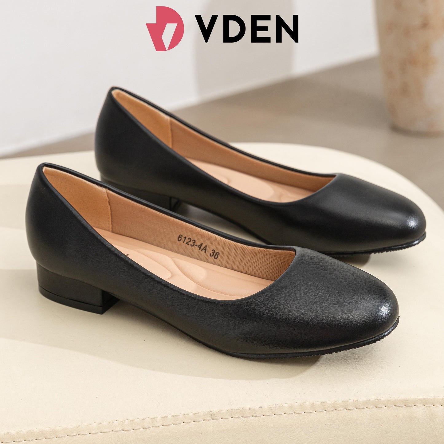 VDEN Women's Black Leather Low Heel Pumps 1INCH/2.5CM 6123-4A Comfortable Slip-On Office Formal Work Shoes Anti-Slip Round Toe Casual Flats Women's Round Toe Black Leather Block Heel Pump Shoes Women's Formal Black Leather Shoes Office Work School Shoes