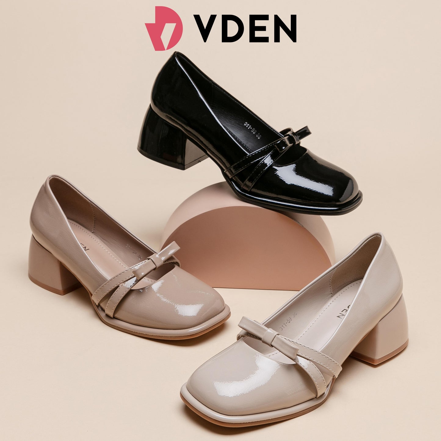 VDEN Fashionable Ribbon Chunky Heeled Lady Pumps Shoes 2INCH/5CM 311-59 Korean Style Elegant Square Toe Thick Heel Mary Jane Patent Leather Shoes Bow Decoration