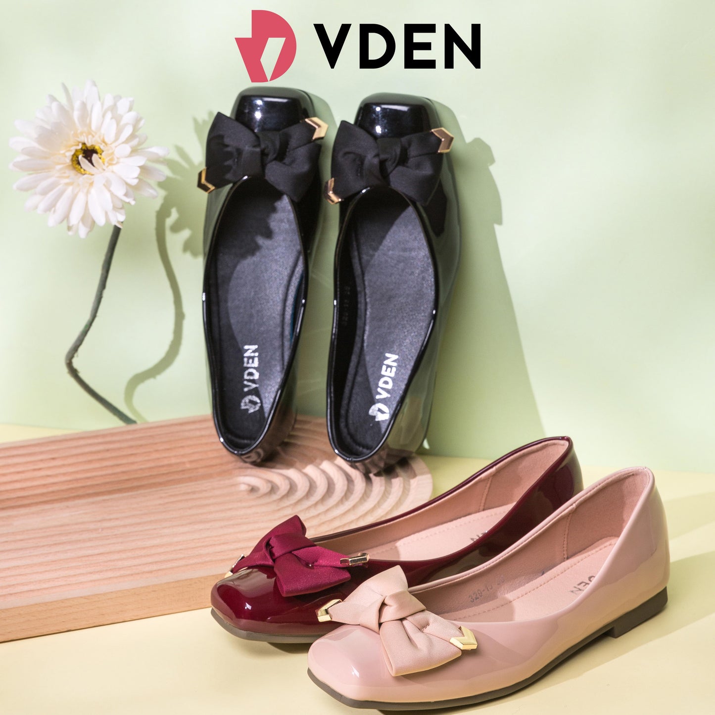 VDEN Patent Leather Bowknot Embellished Square Toe Ballet Flats For Women 0.5INCH/1.2CM 329-15 Korean Square Toe Flat Shoes With Bow Accessories Preppy Style Women's Slip-on Flats Shoes