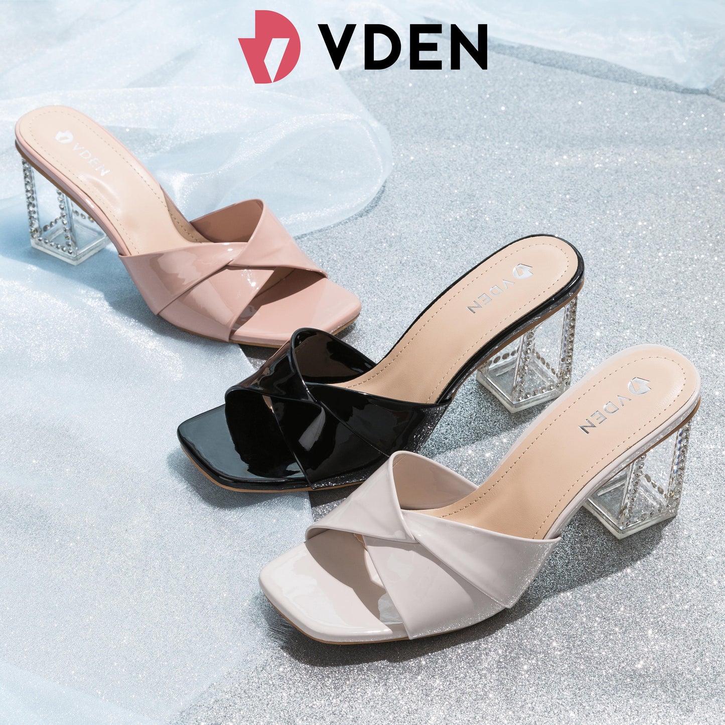 VDEN French high heels retro mid-heel sandals 186-8 crystal heel office slippers for women summer outer wear 2024 new style
