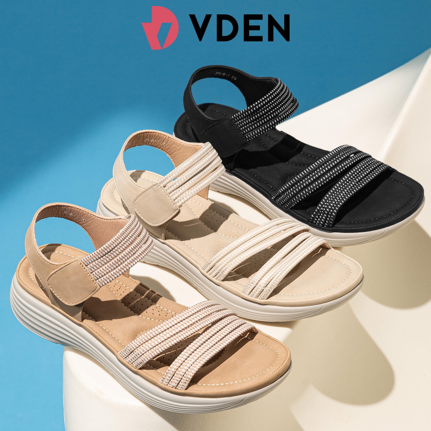 VDEN Women's Sandals Summer Lace-Up Elegant And Comfortable 1.5INCH/3.5CM 2516-1 Thick-soled Comfortable Sandals With Non-Slip Sole And Velcro Straps For Women With Wedge Heels And Slip-on Sandals