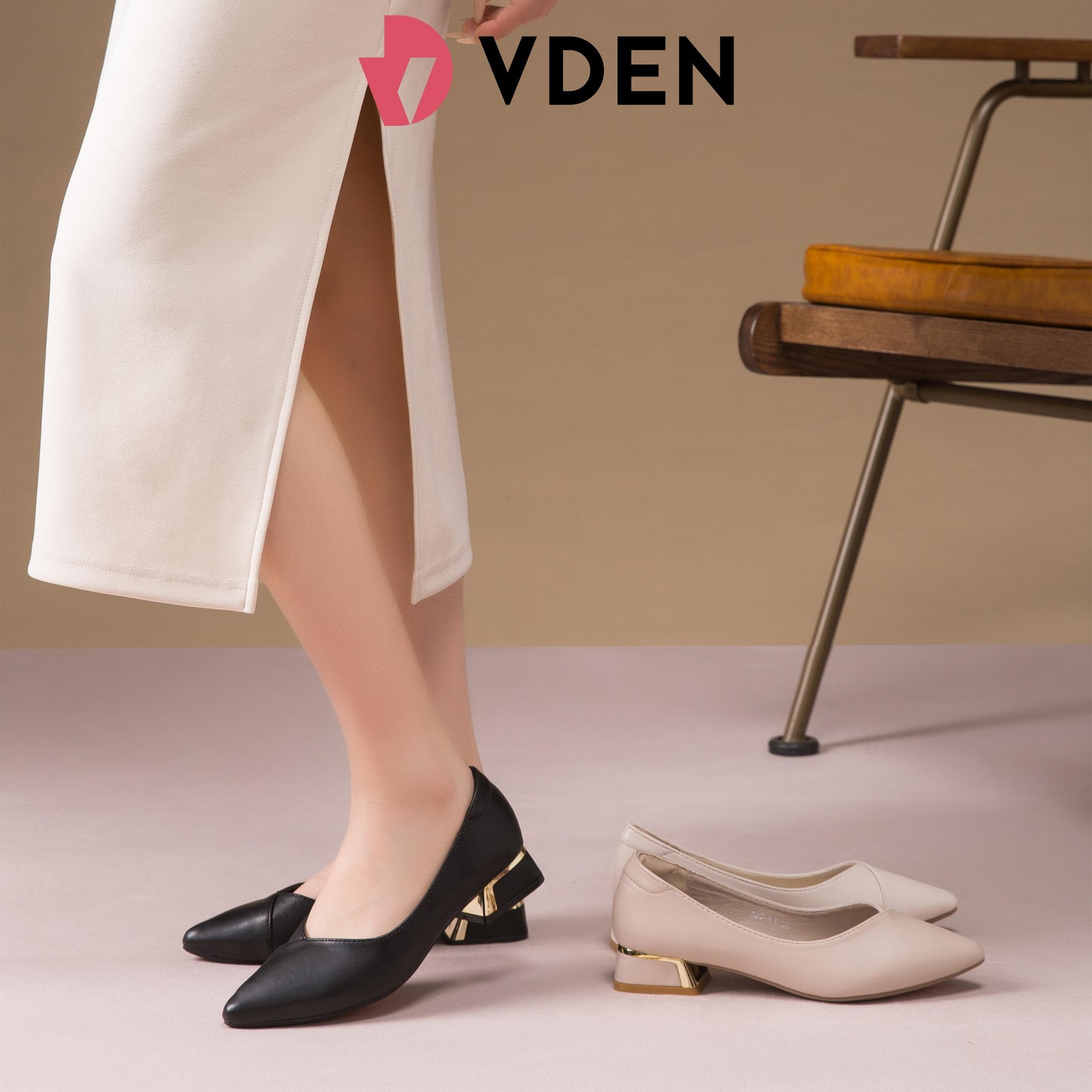 VDEN Ladies White Block Heel Pointed Shoes (True to size) (1.2 inch/3cm Heels) 893-M1 Simple High-end Commuter Shoes And Student Shoes